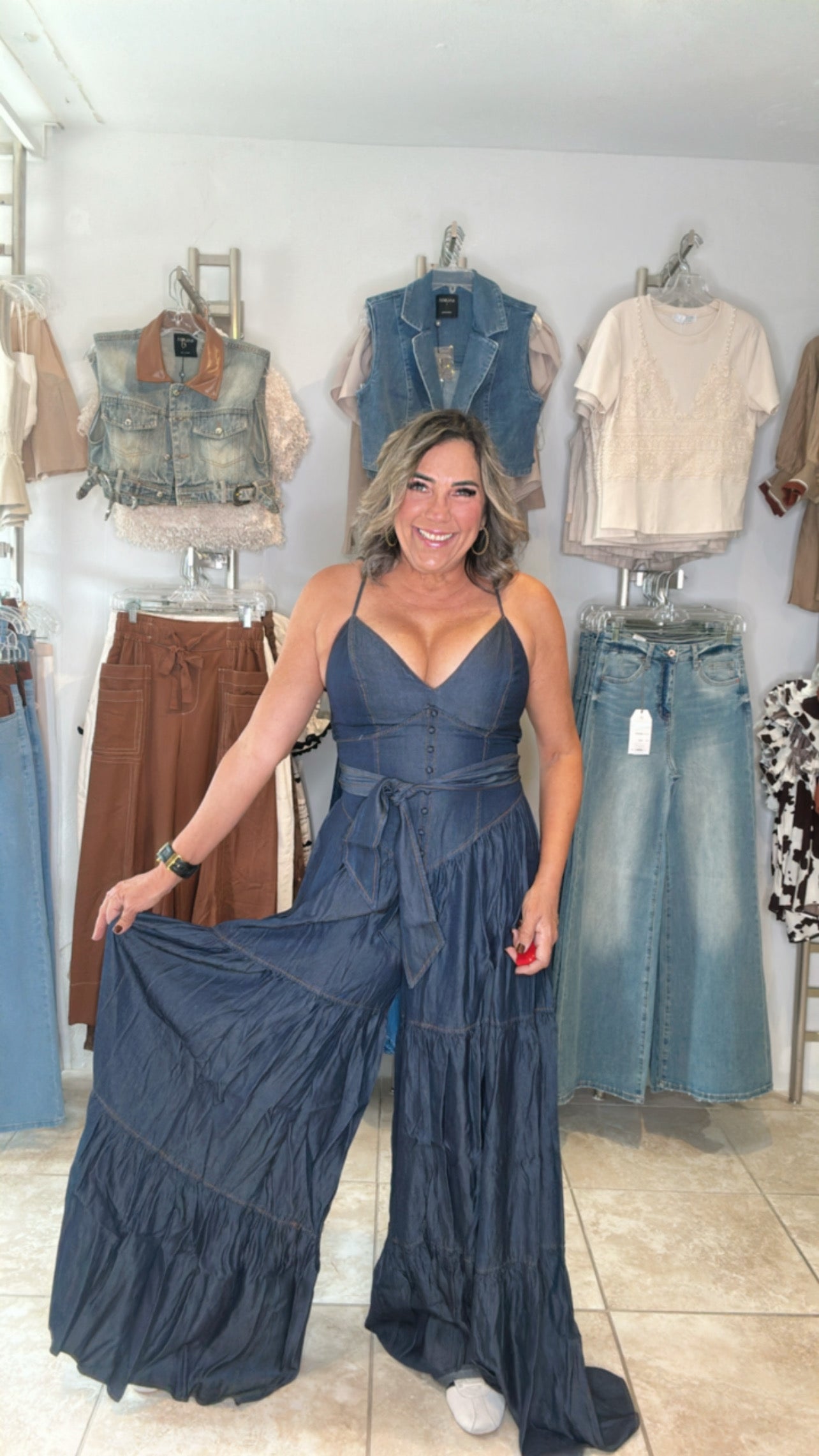Denim V-Neck Shoulder Strap Jumpsuit