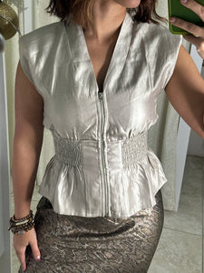 Shoulder Padded Front Zip Smocked Top