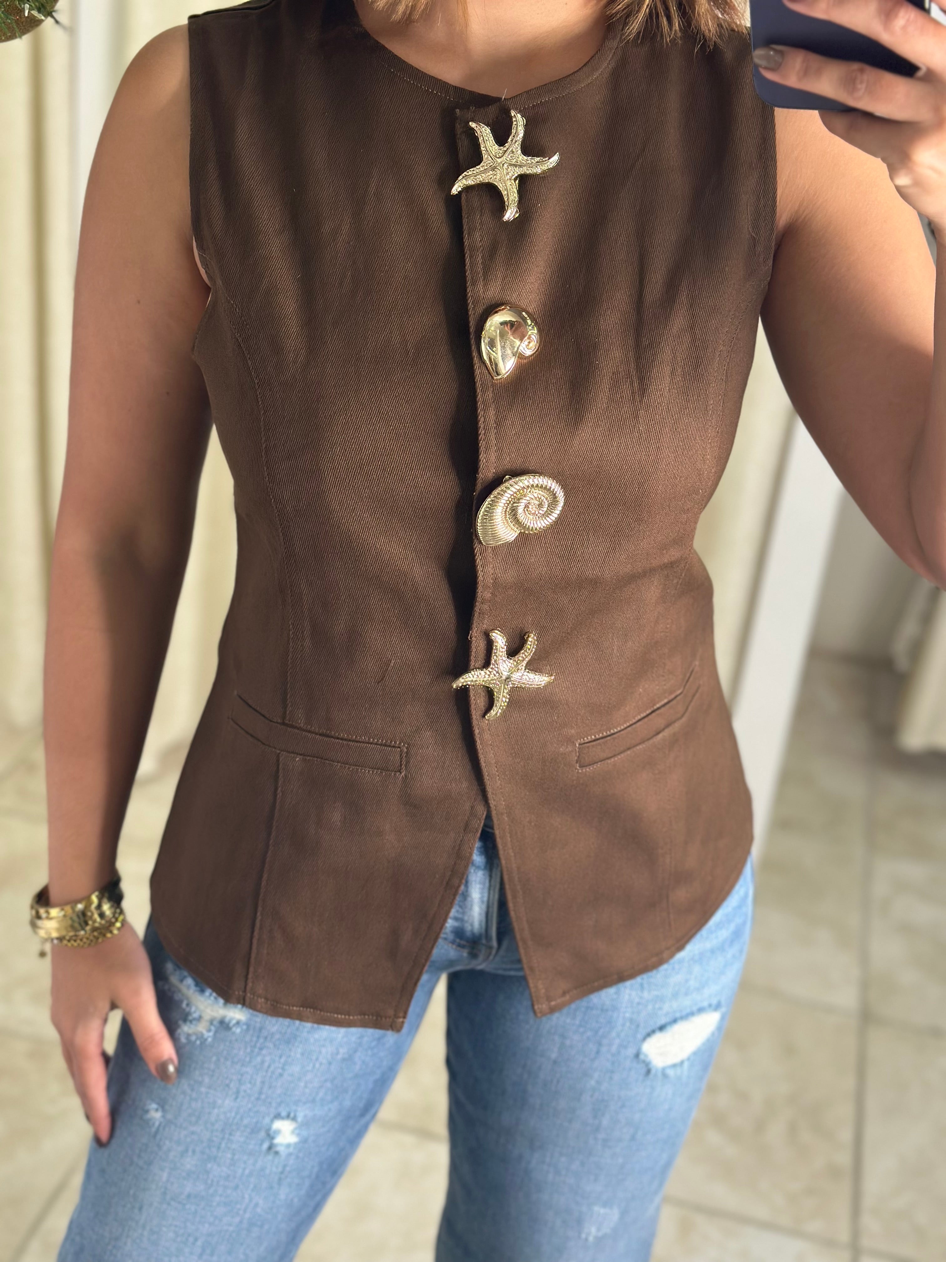 Brown Metal Button Blouse