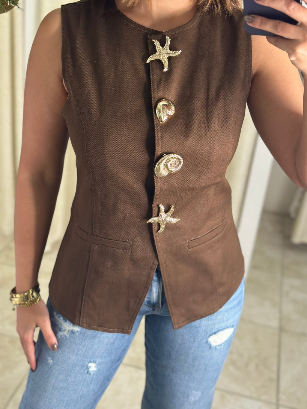 Brown Metal Button Blouse