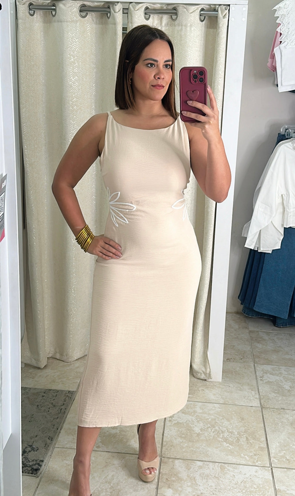 Embroidered Bateau Neck Midi Dress