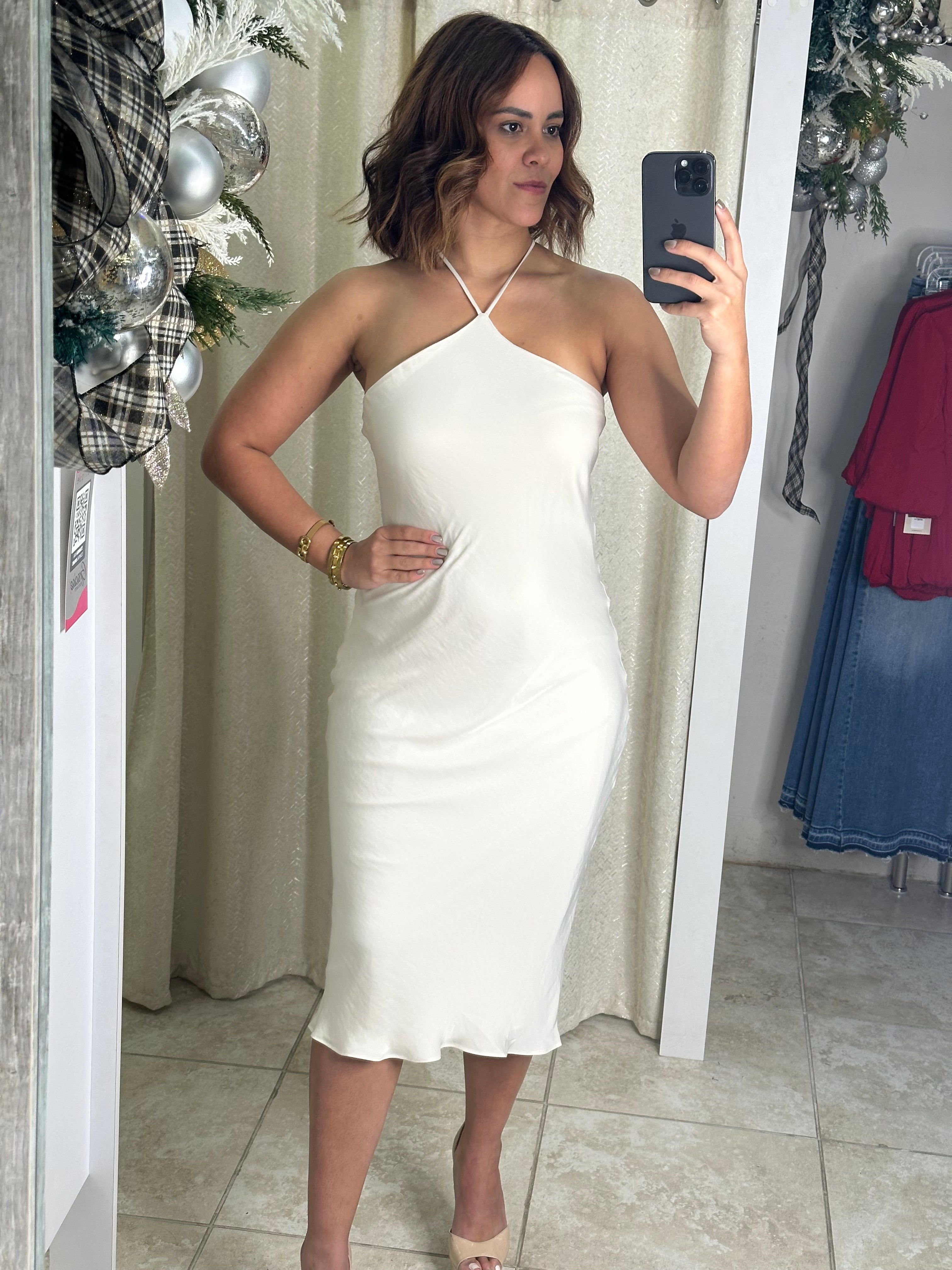 Shell Satin Halter Neck Midi Dress