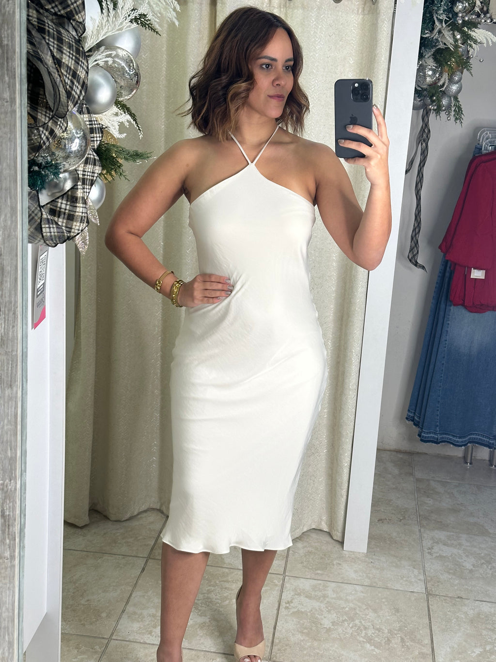 Shell Satin Halter Neck Midi Dress