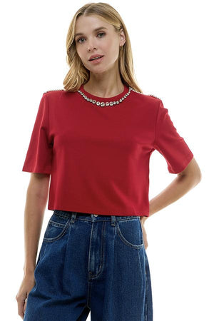 Stud Neck Red T Shirt