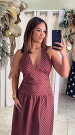 Stripe Halter Ruched Drop Maxi Dress