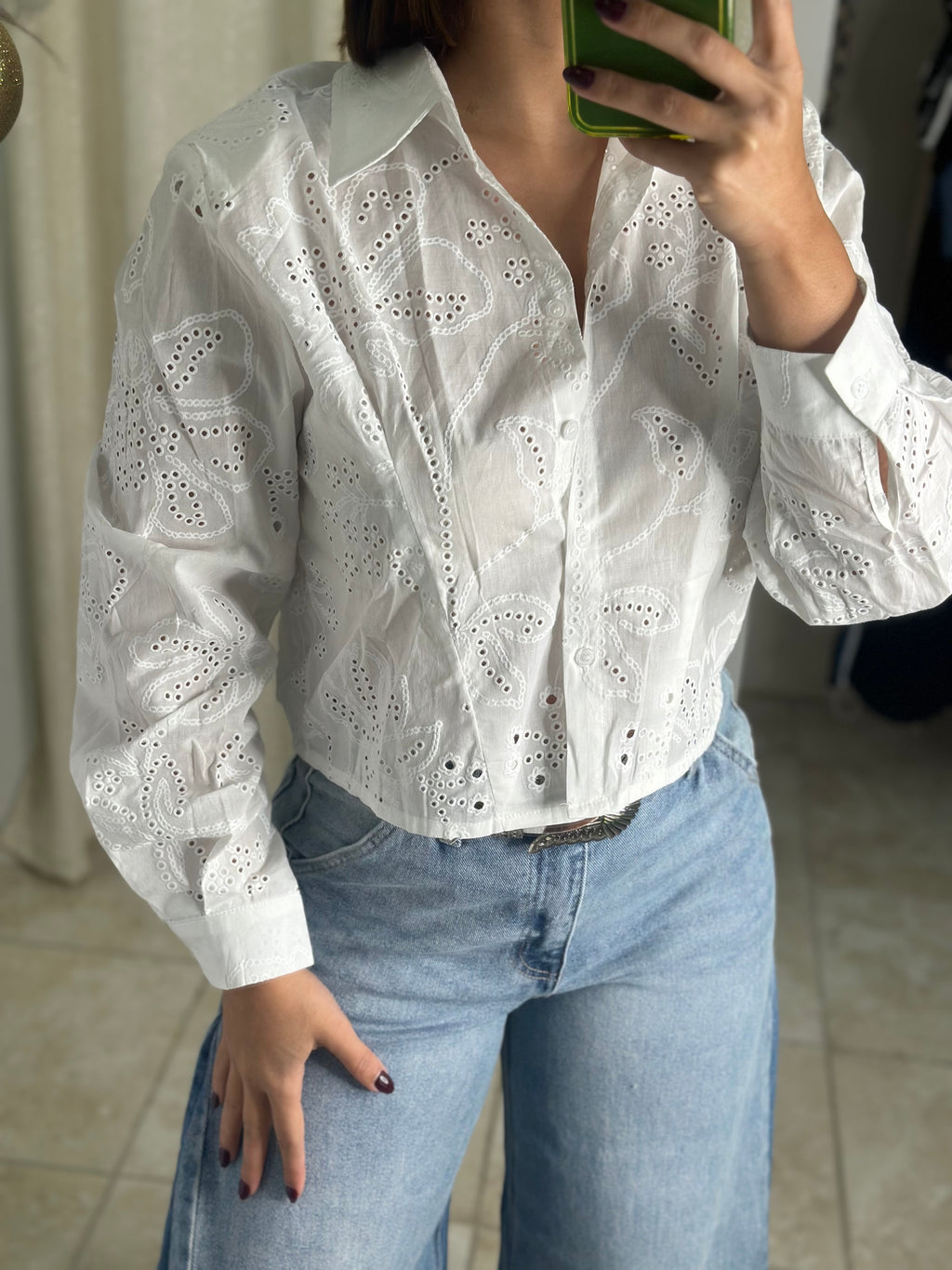 Eyelet Long Sleeve Crop Blouse