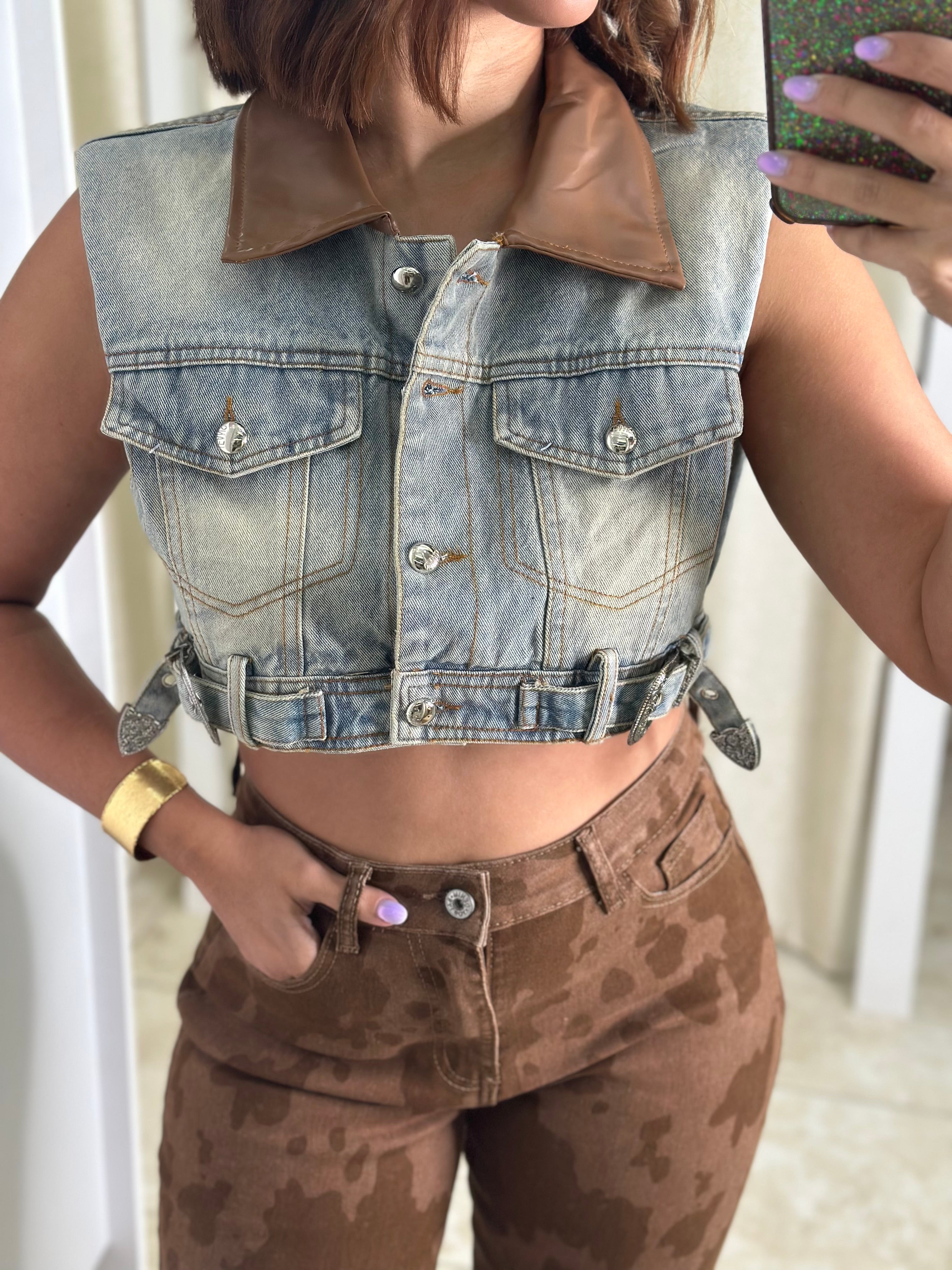 Contrast Faux Leather Denim Vest