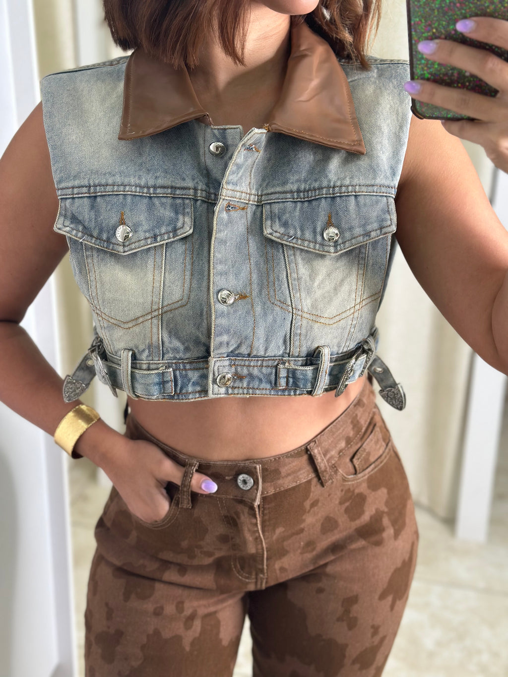 Contrast Faux Leather Denim Vest