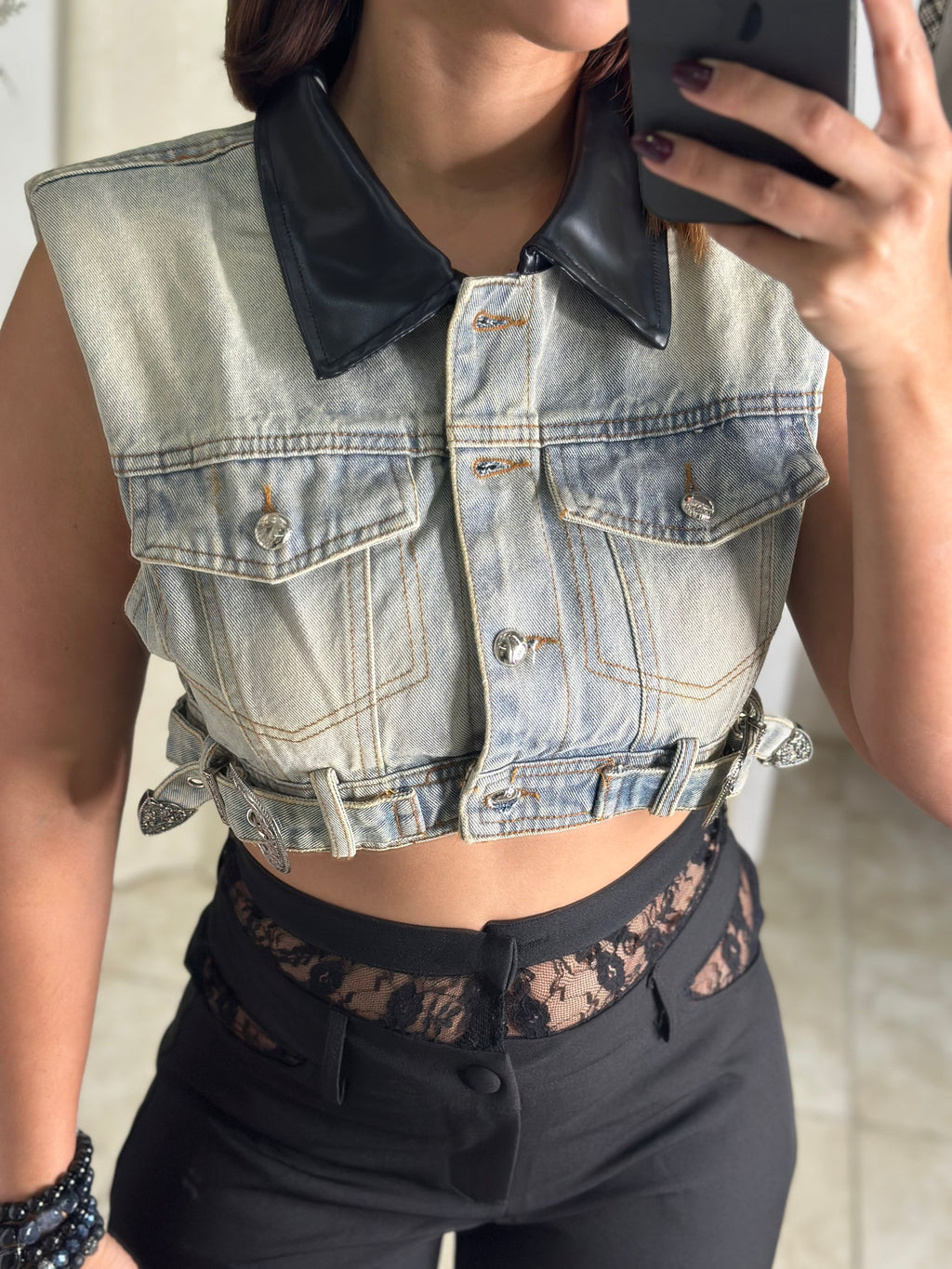 Black Leather & Denim Vest