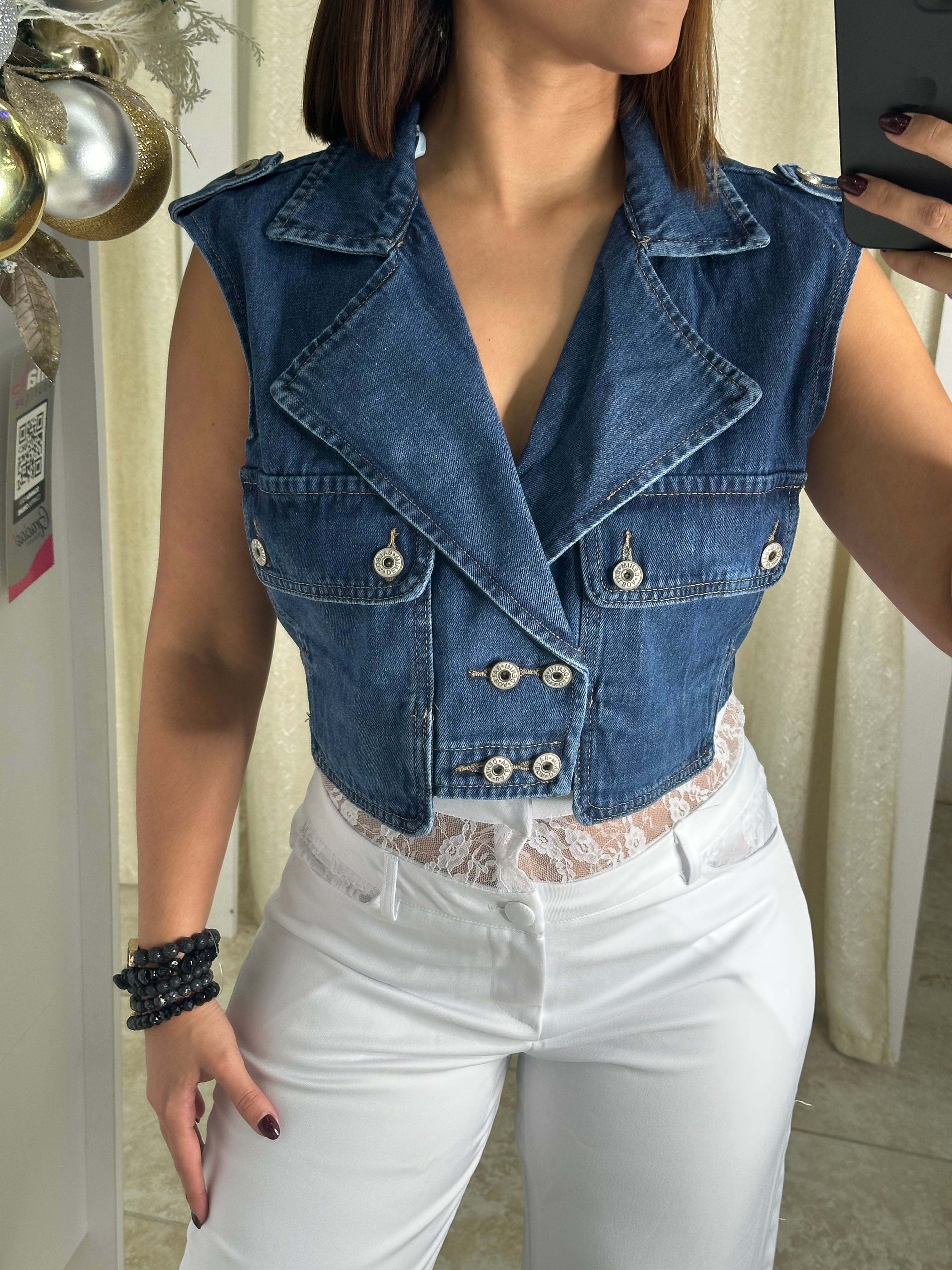 Neck Denim Vest