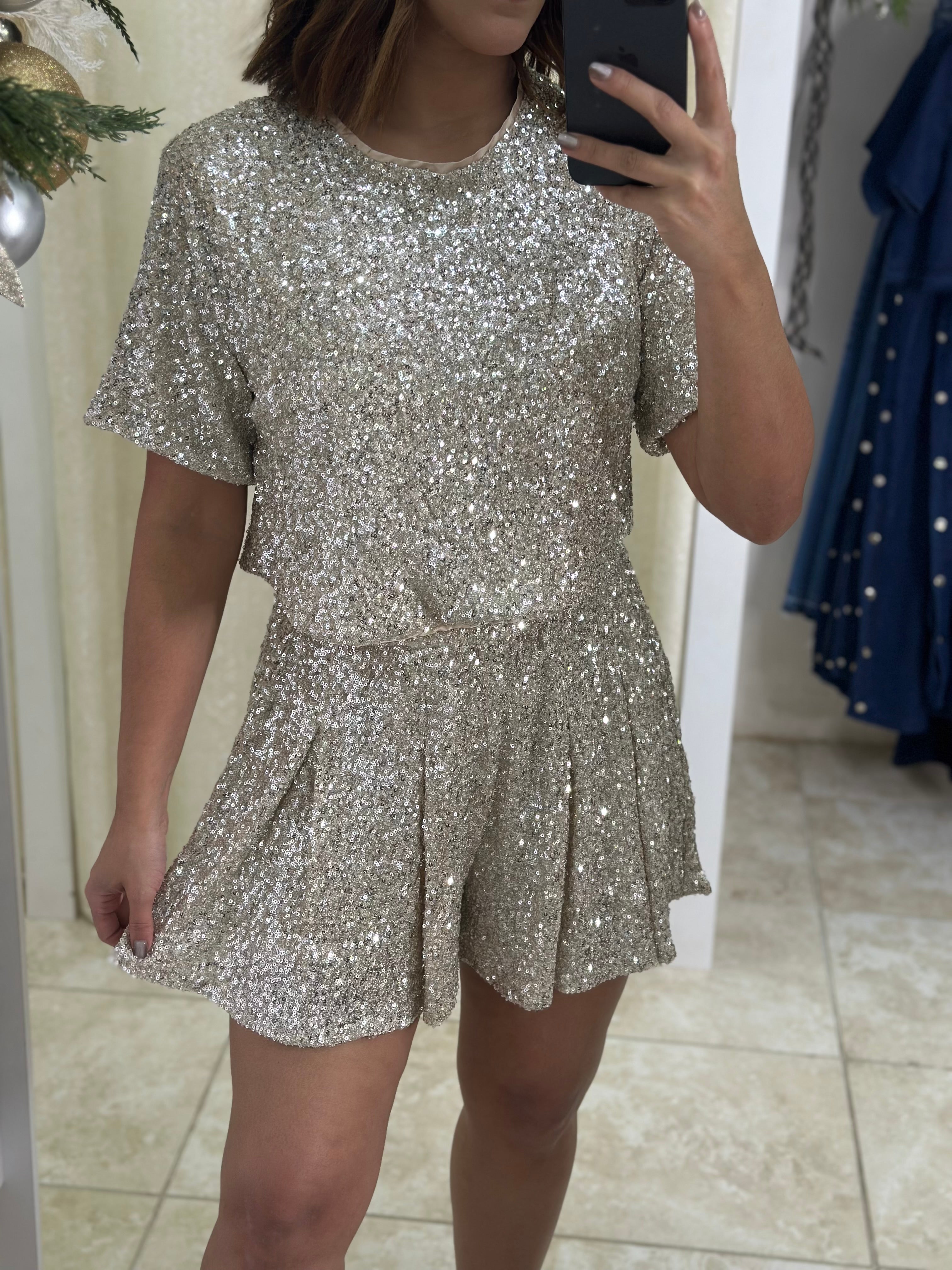 Short Sleeve Sequin Pant Set