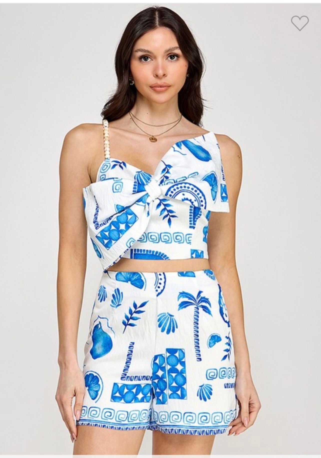 Printed Bow Shoulder Strap Detail Short Set