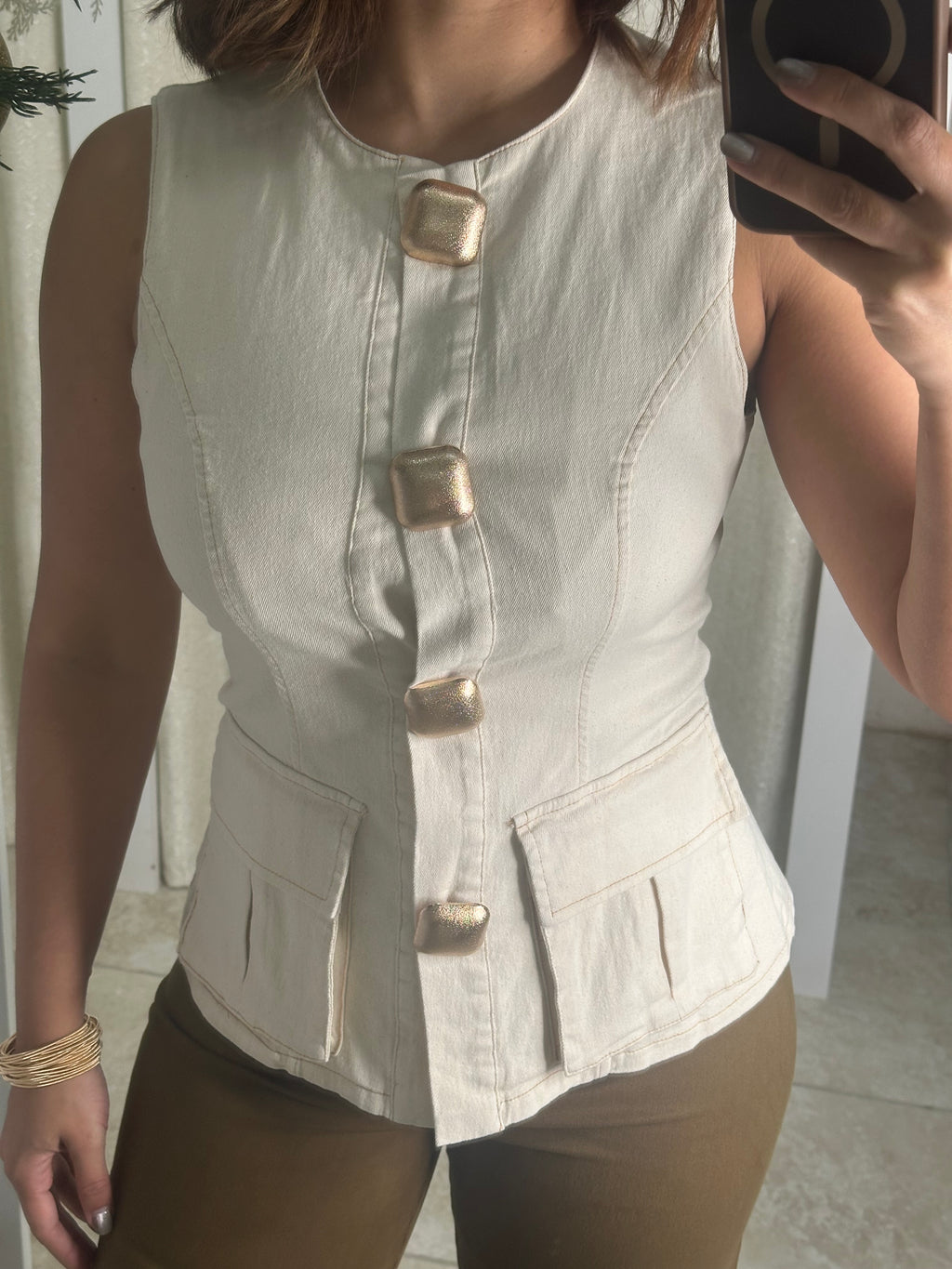 Cream Metal Button Blouse