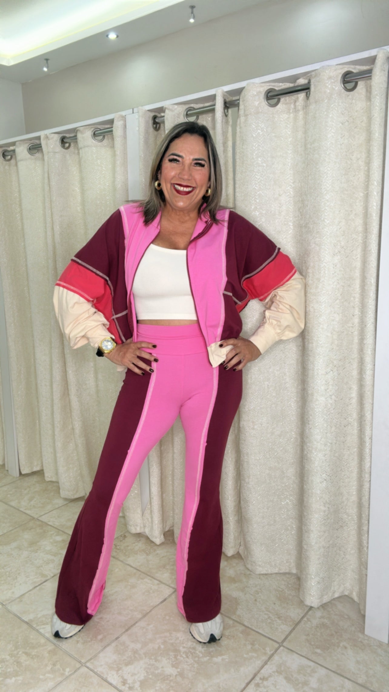 Pink/Cream & Burgundy Pant Set