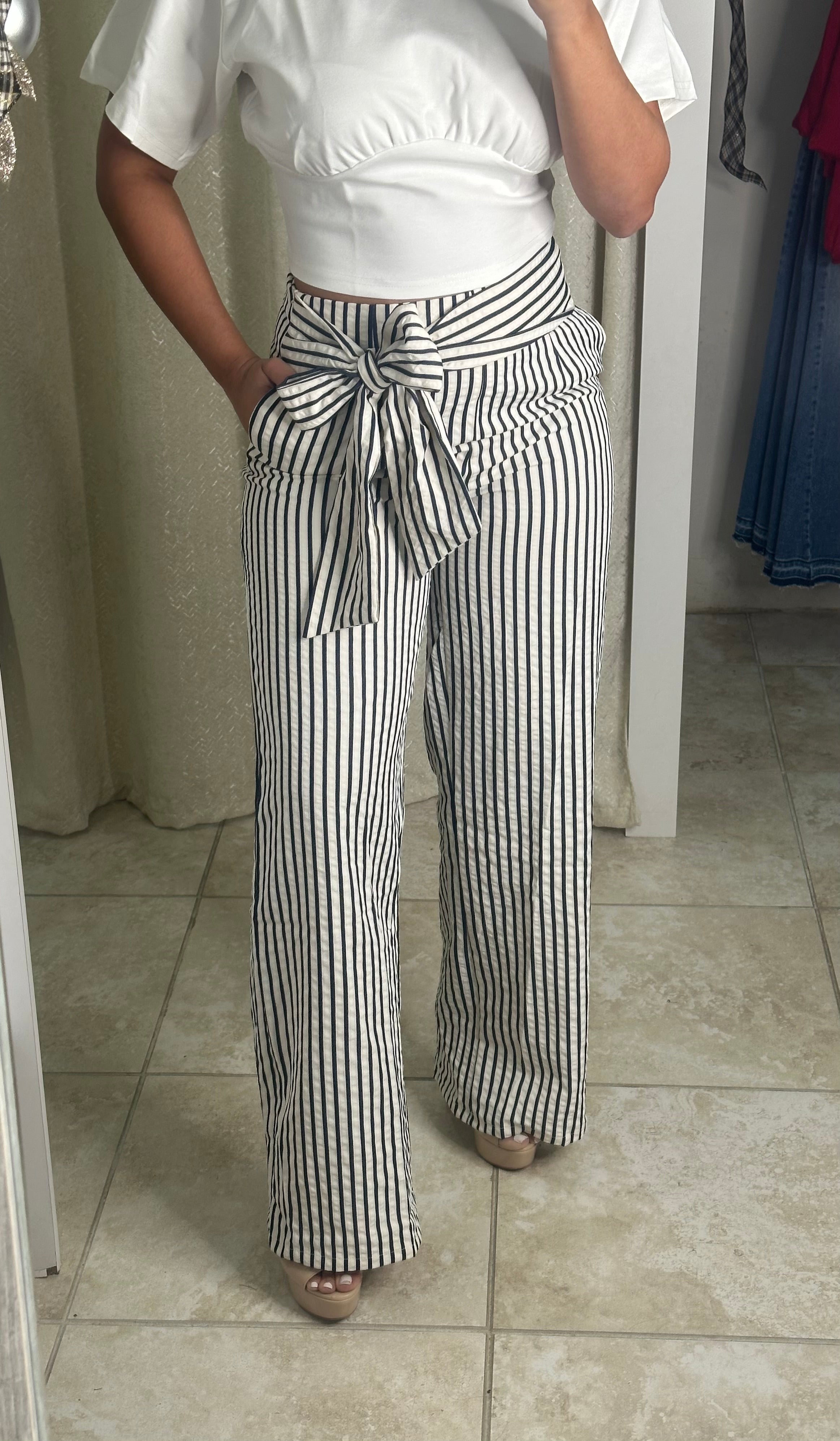 Navy Stripe Tie Pants