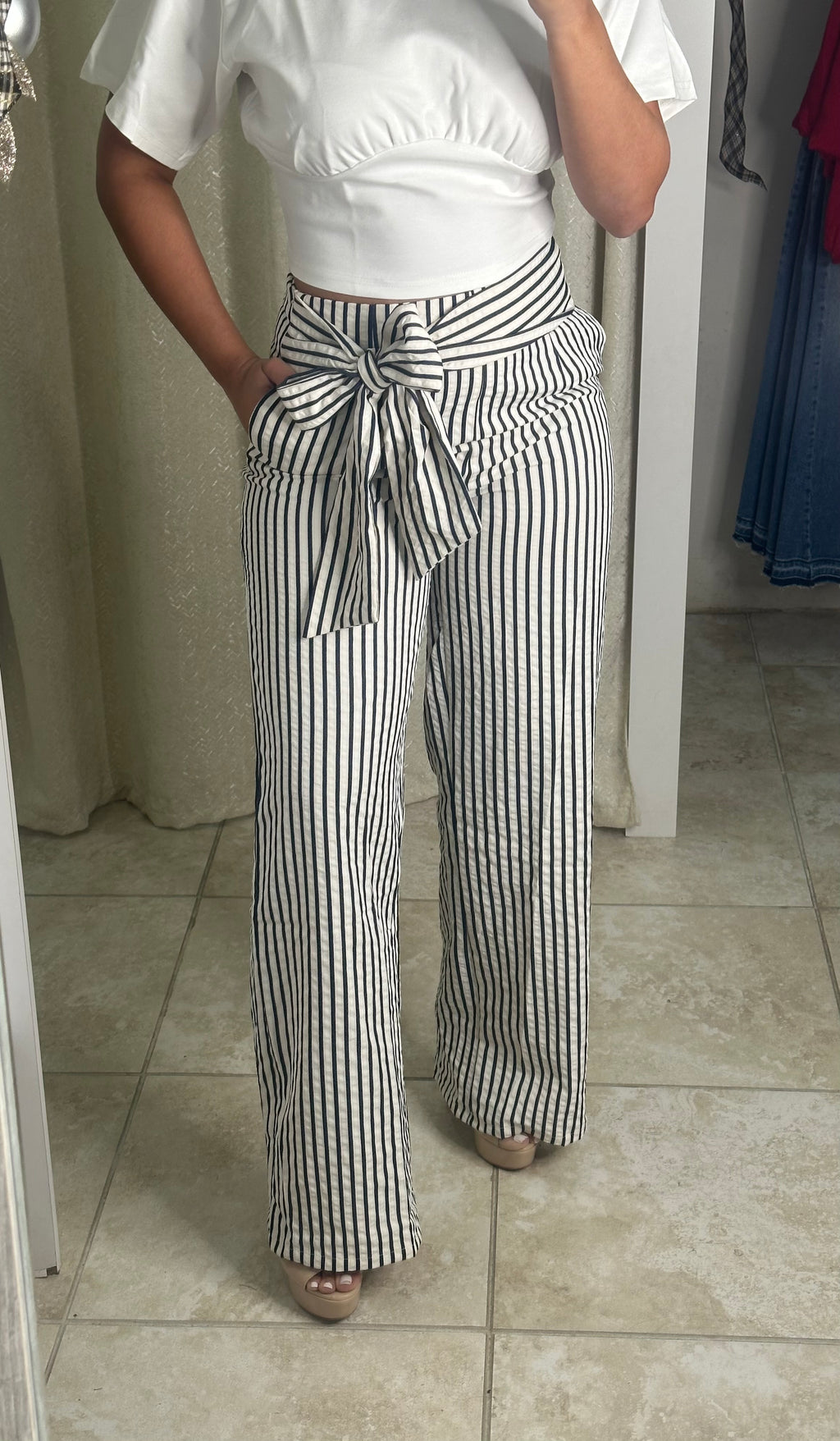 Navy Stripe Tie Pants