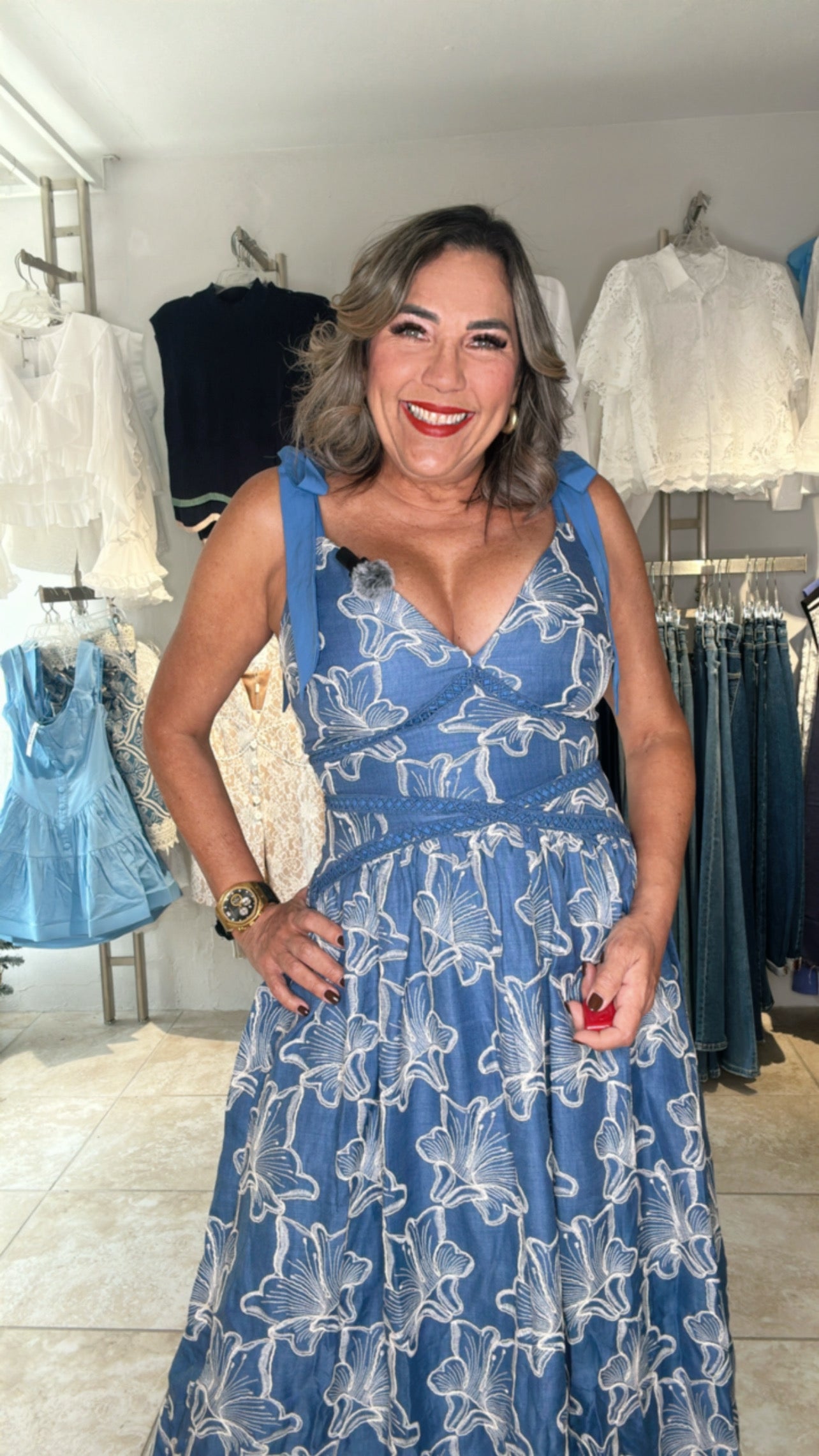 Floral Embroidered V-Neck Denim Dress