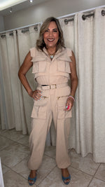 Beige Cargo Jumpsuit