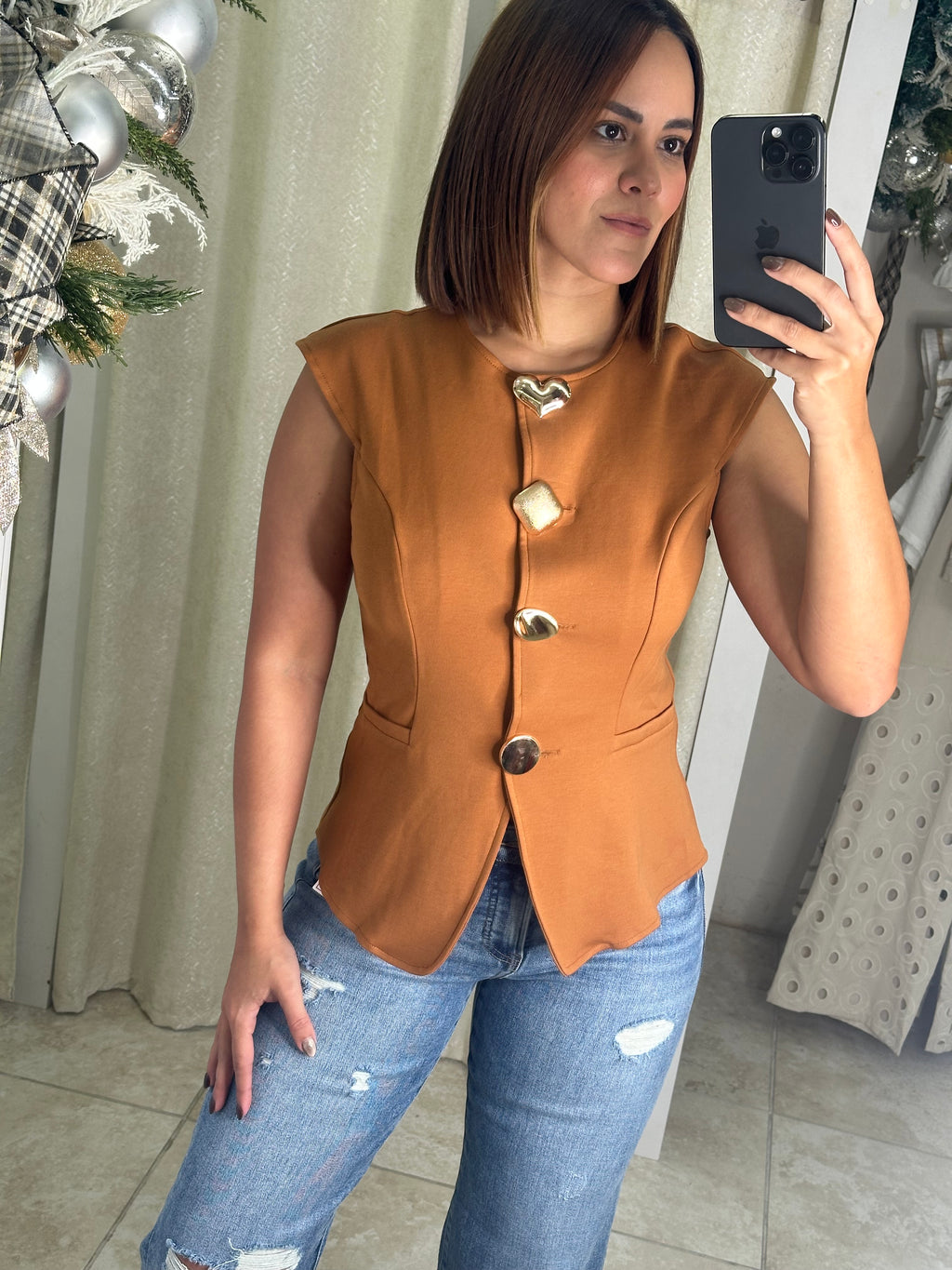 Brown Metal Button Blouse