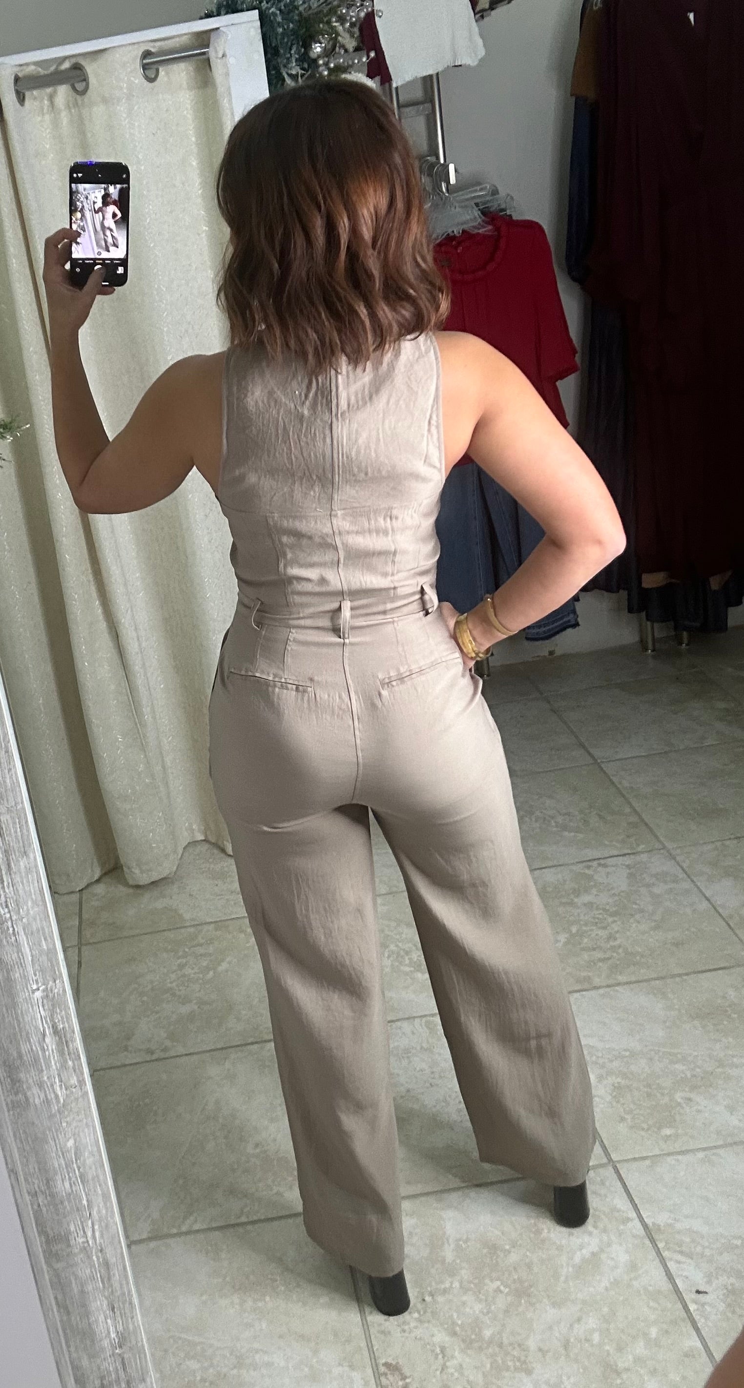 Taupe High Neck Zipper Jumpsuit
