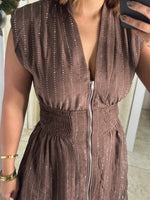 V neck Shoulder Padded Front Zip Midi Dress