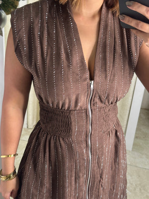V neck Shoulder Padded Front Zip Midi Dress