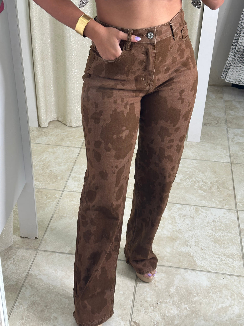Print High Waisted Straight Jeans