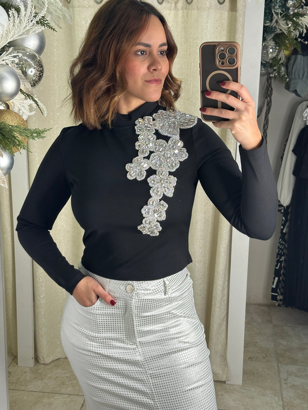 Black & Rhinestone Detail Blouse