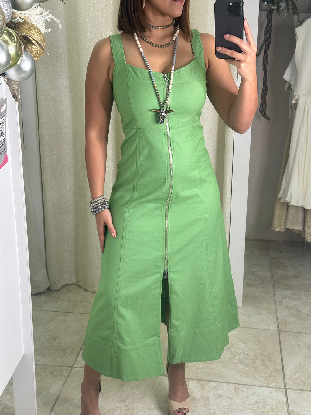 Apple Green Zipper Midi Dress