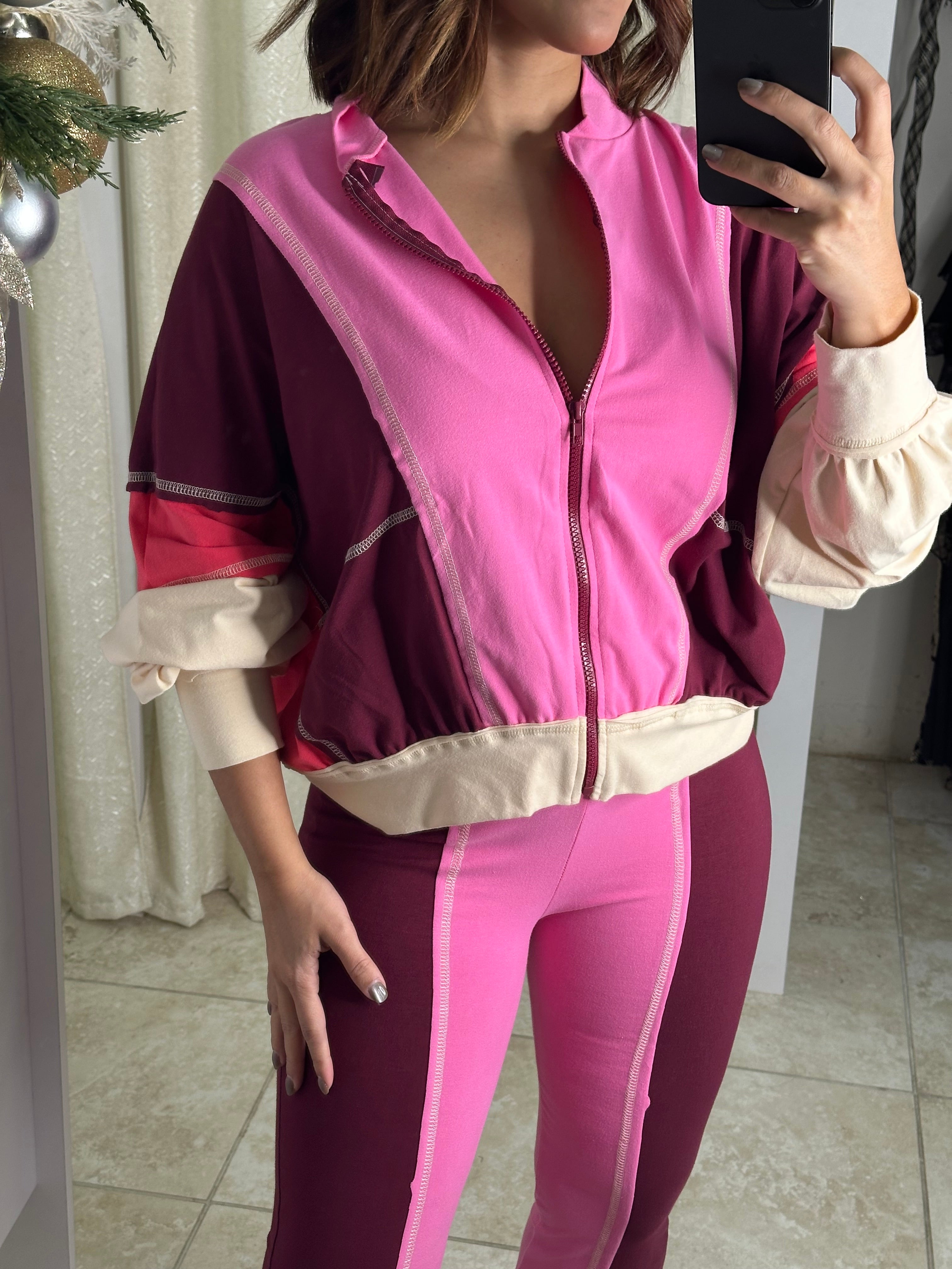 Pink/Cream & Burgundy Pant Set