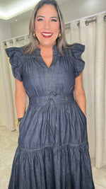 Denim Midi Dress Featuring V Neckline