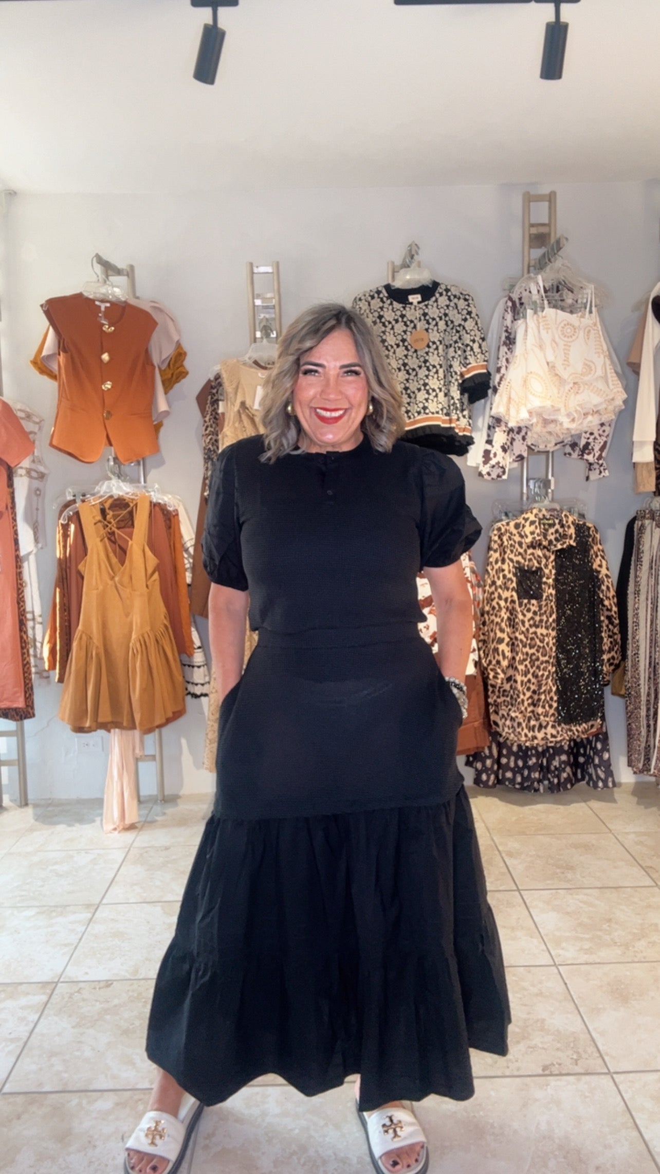 Pintuck Striped Satin Skirt Set