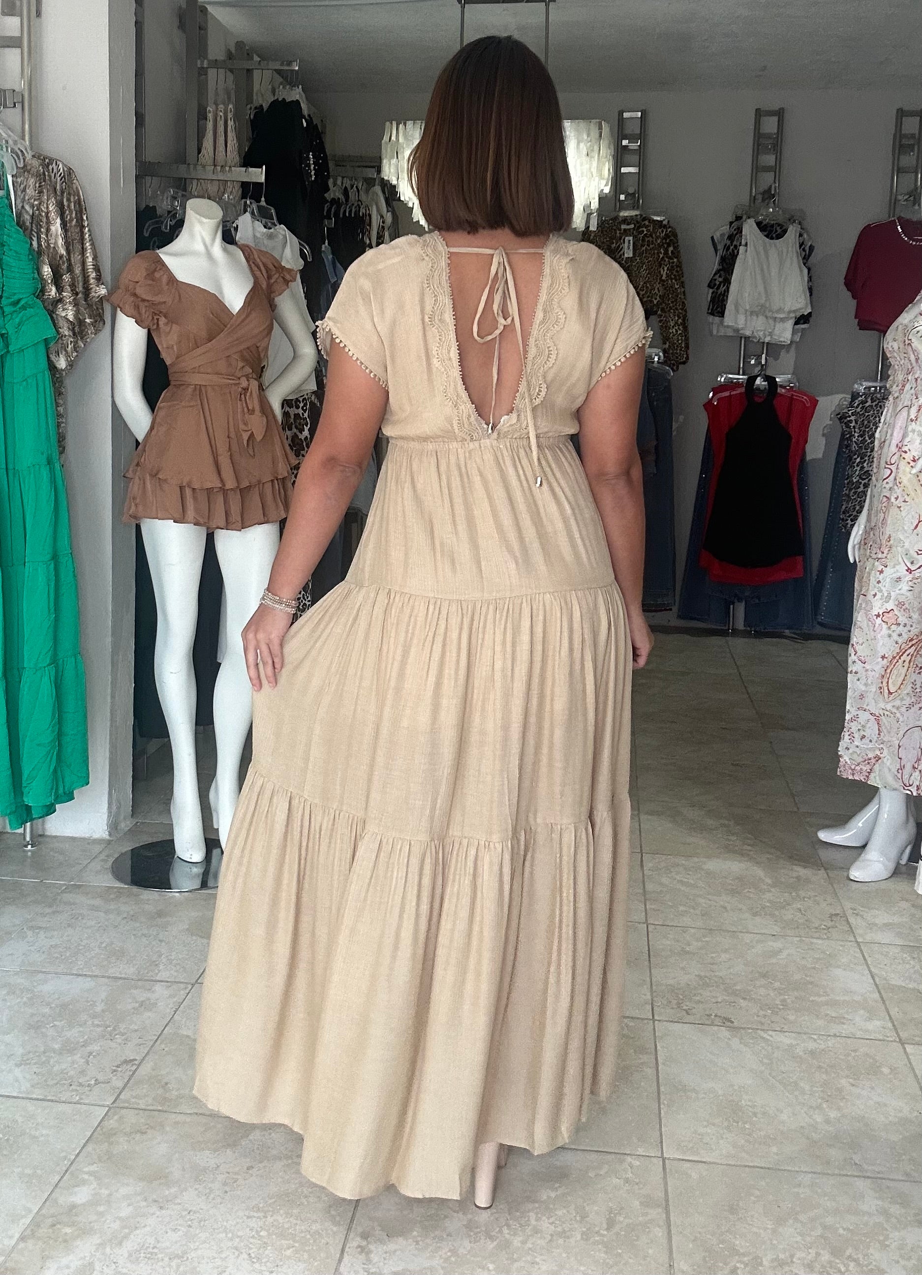 Taupe Trim Front Maxi Dress