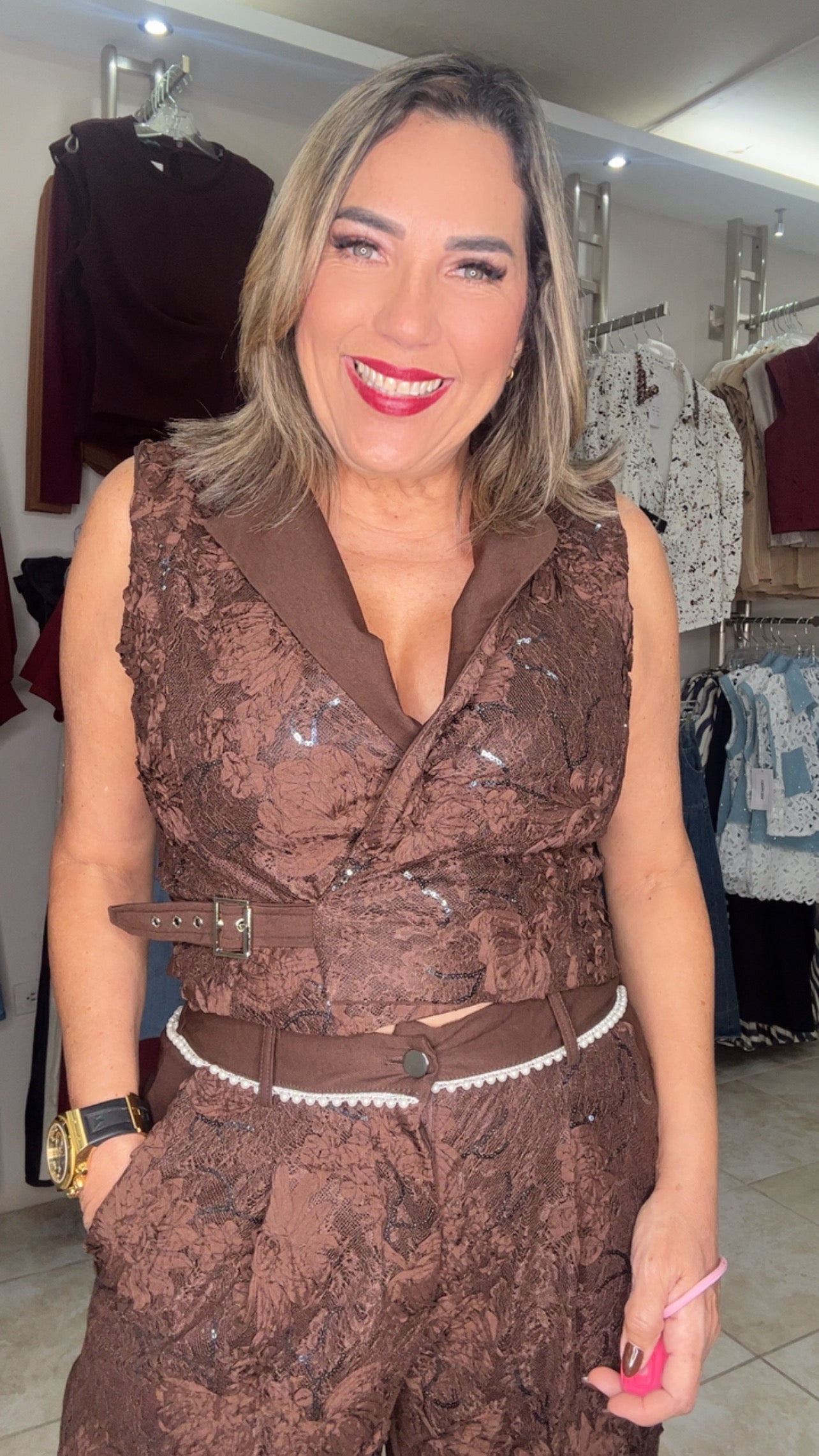 Coffee Lace & Sequence Pant Set