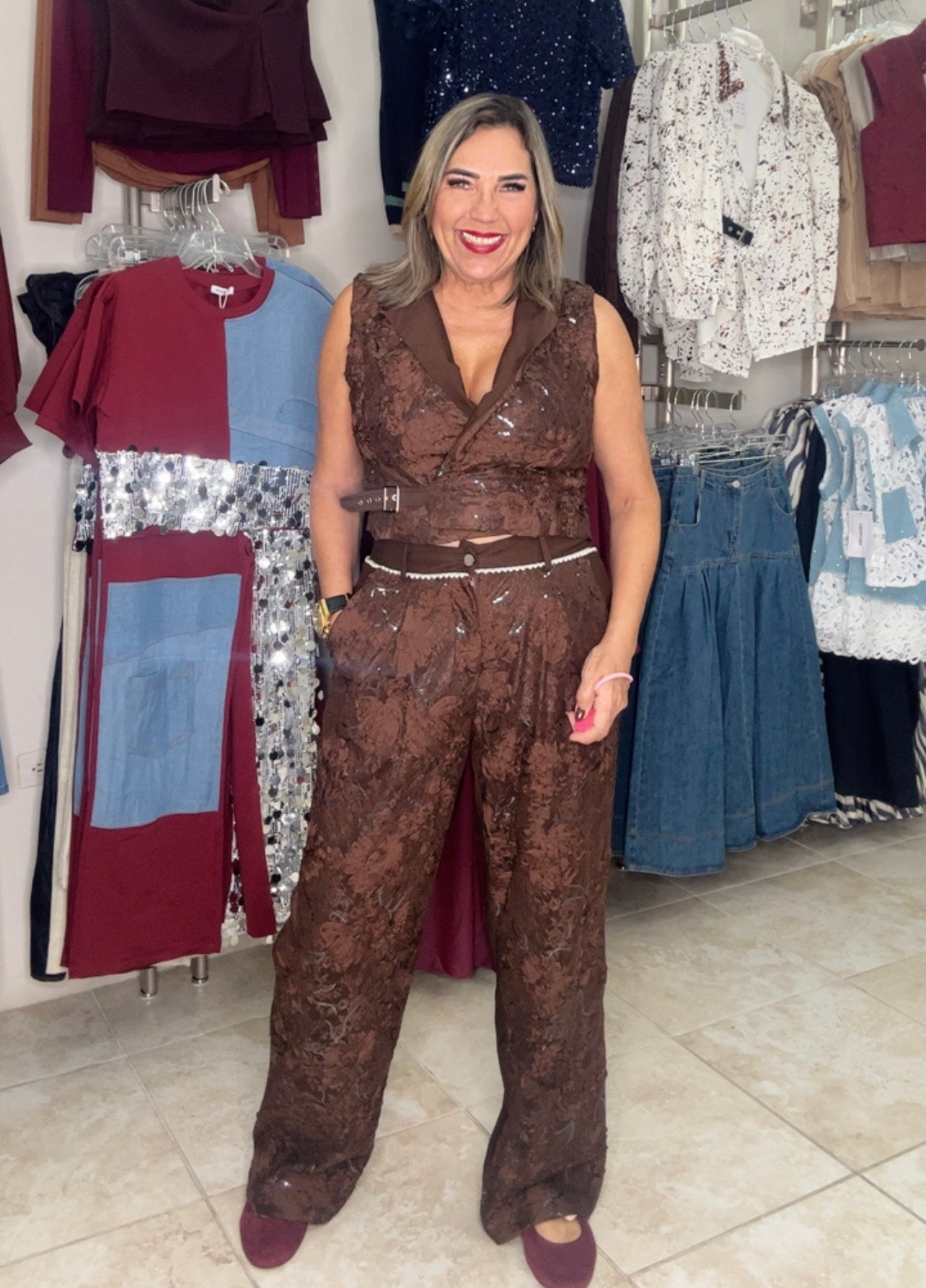 Coffee Lace & Sequence Pant Set