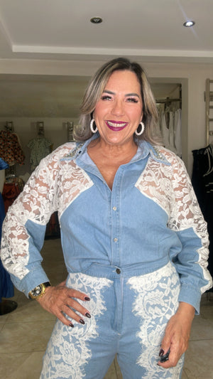 Denim & White Lace Set