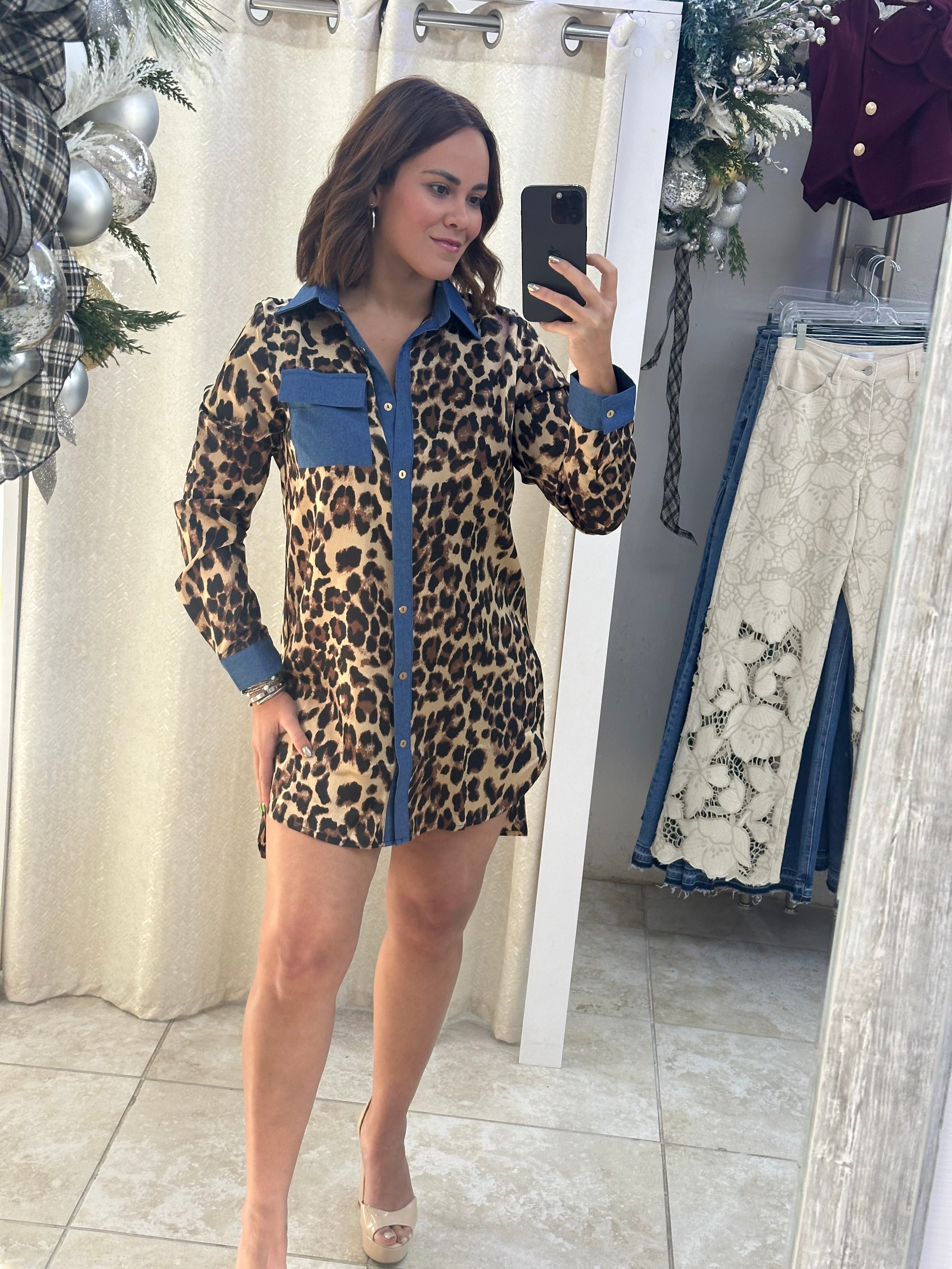 Denim & Animal Print Short Dress