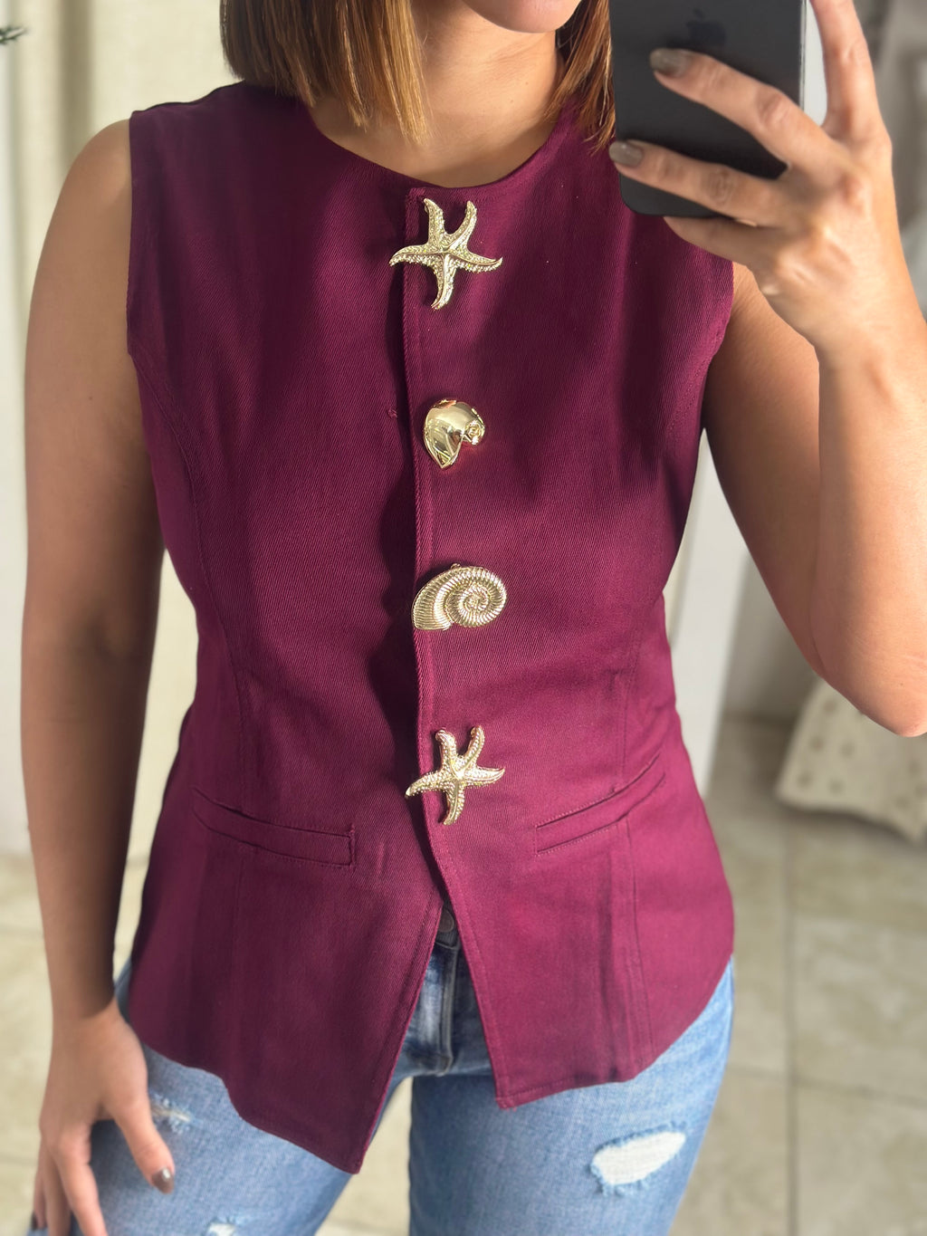 Burgundy Metal Button Blouse