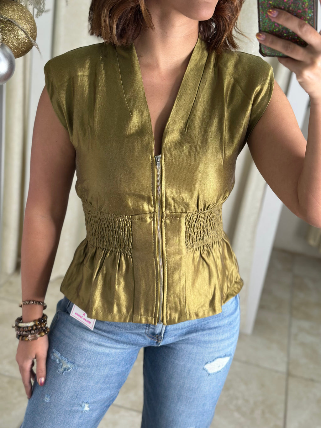 Shoulder Padded Front Zip Smocked Top