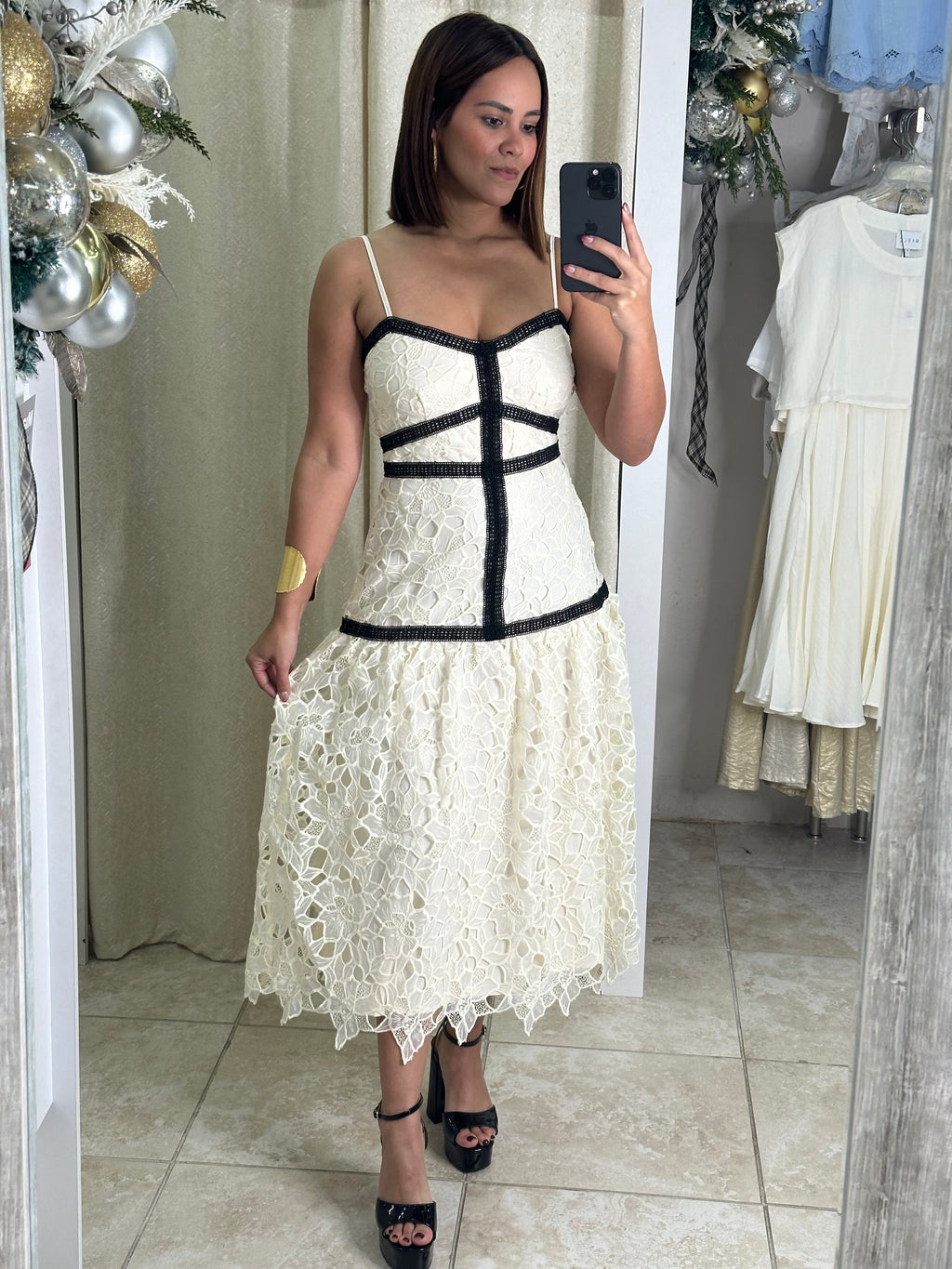 Cream & Black Trim Accents Dress