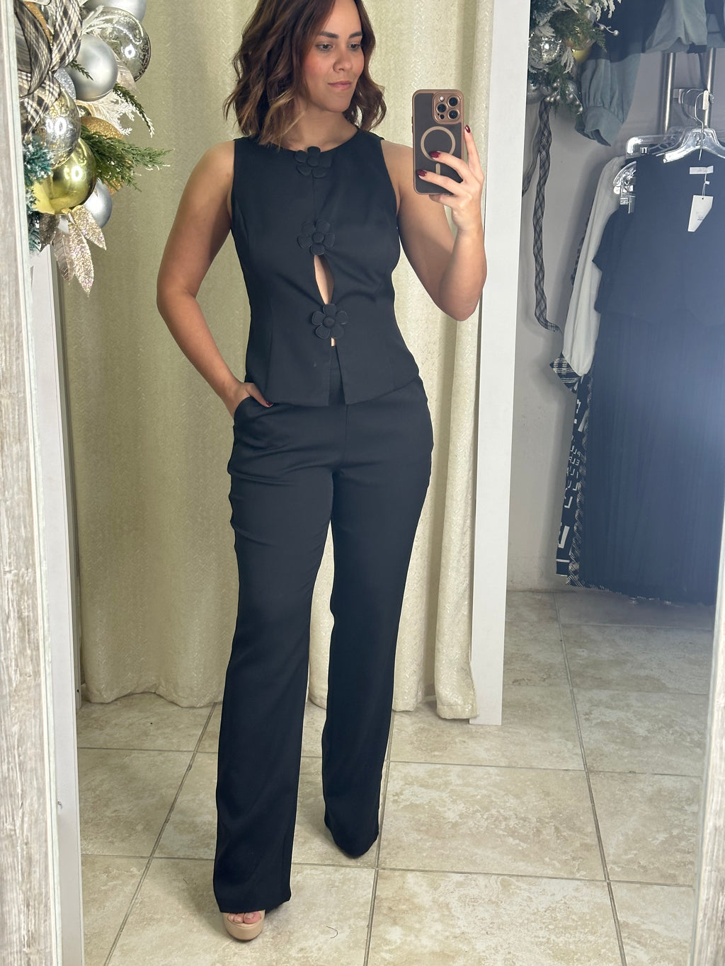 Flower Button Front Vest Pants Set