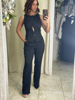 Flower Button Front Vest Pants Set