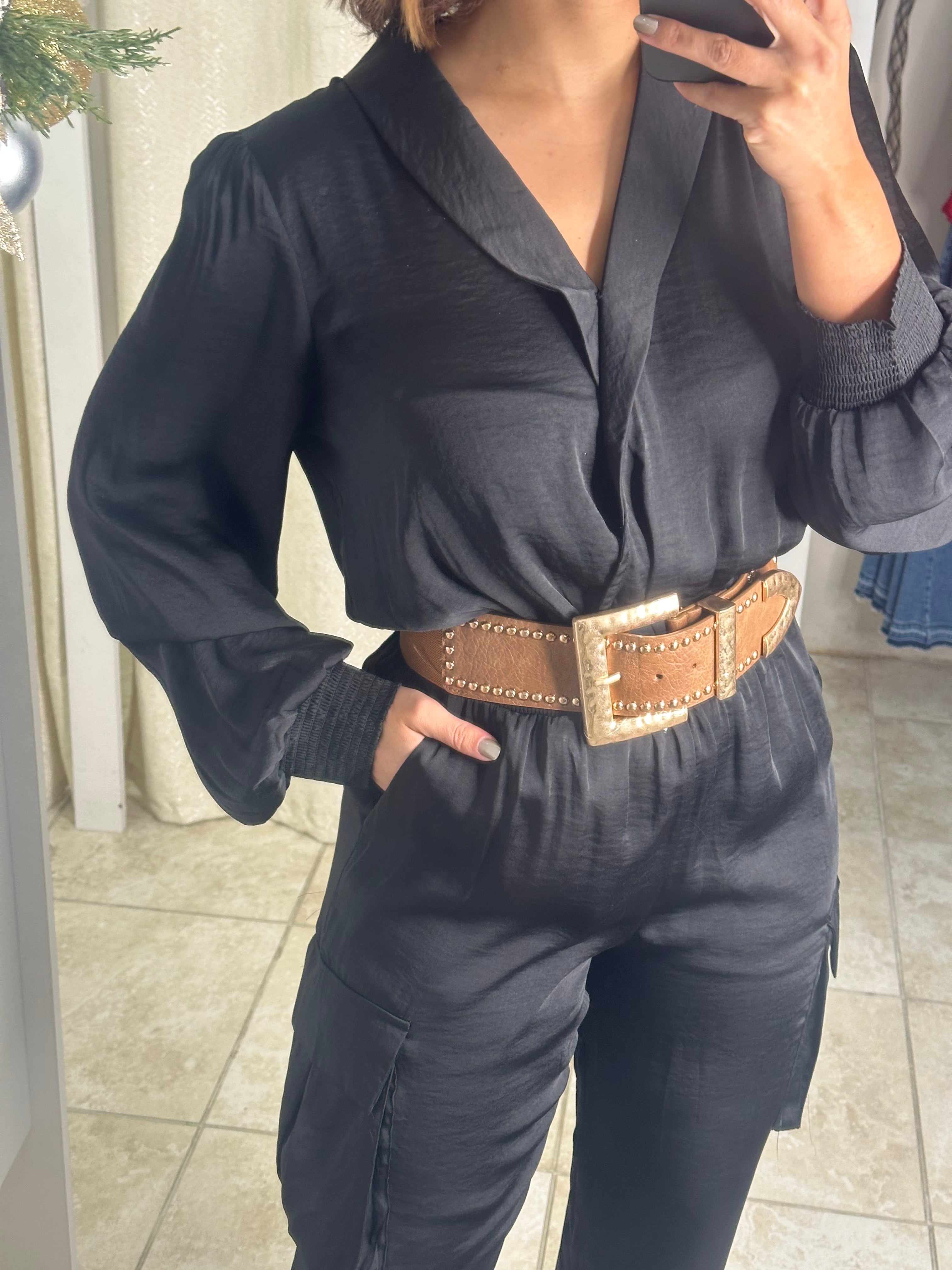Black Long Sleeve Cargo Jumpsuit