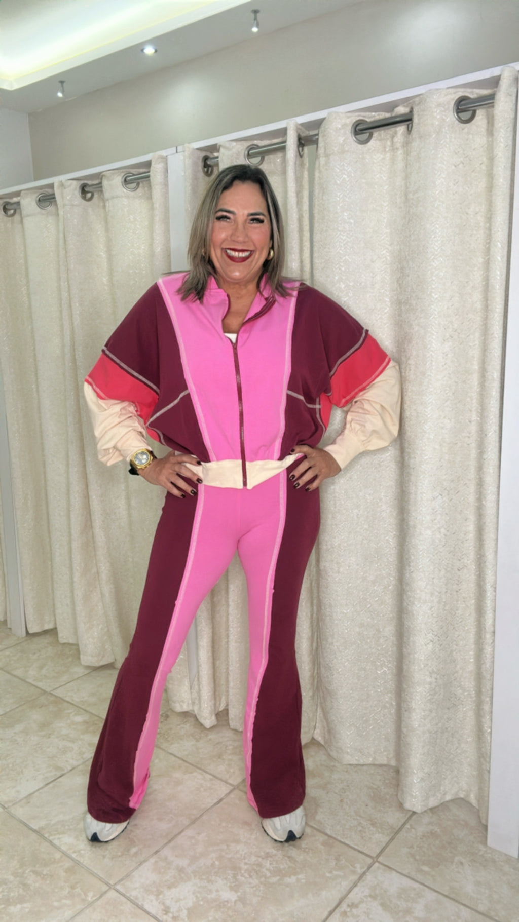 Pink/Cream & Burgundy Pant Set