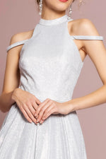 Silver Halter Neck Glitter Long Dress