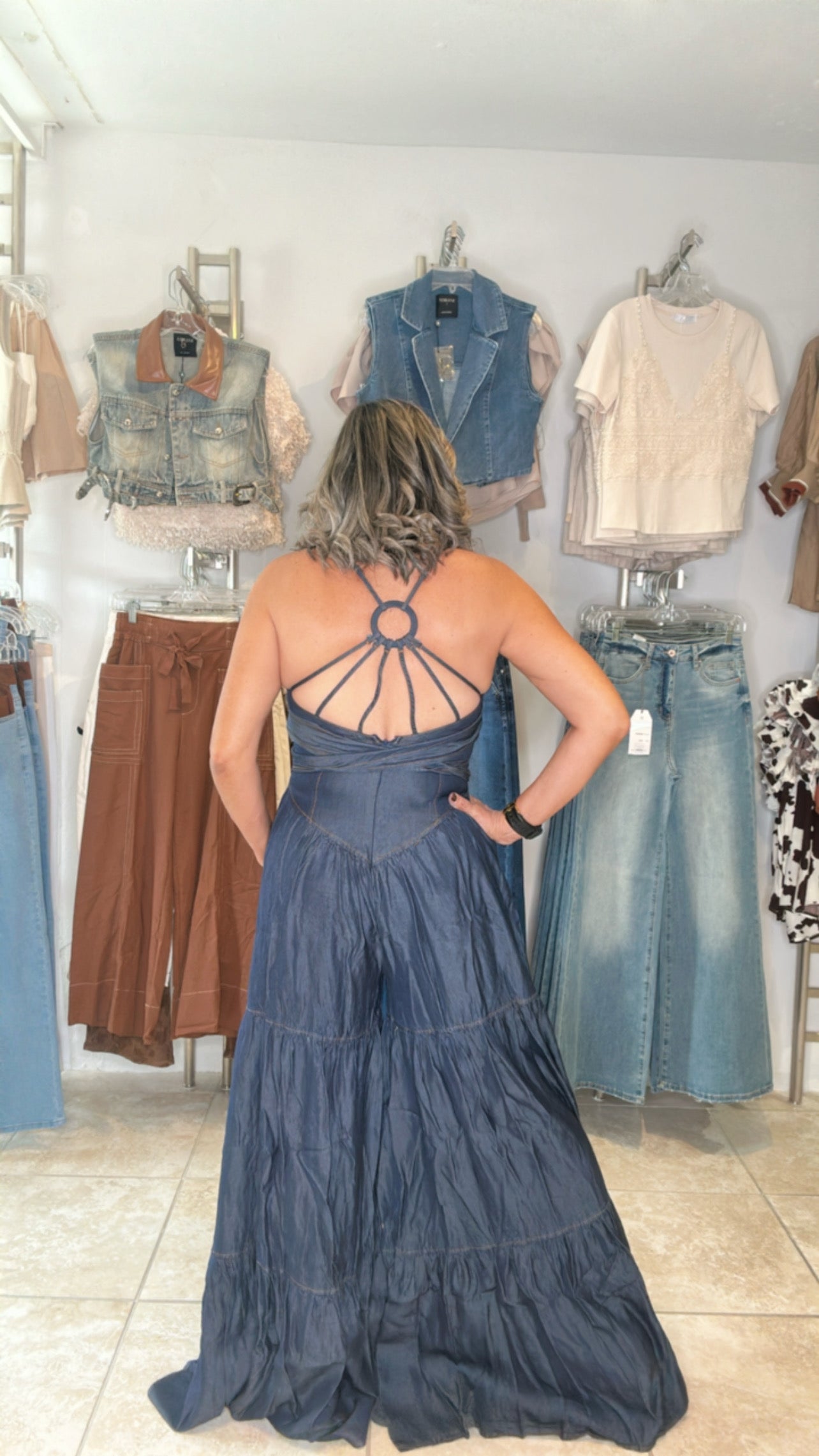 Denim V-Neck Shoulder Strap Jumpsuit