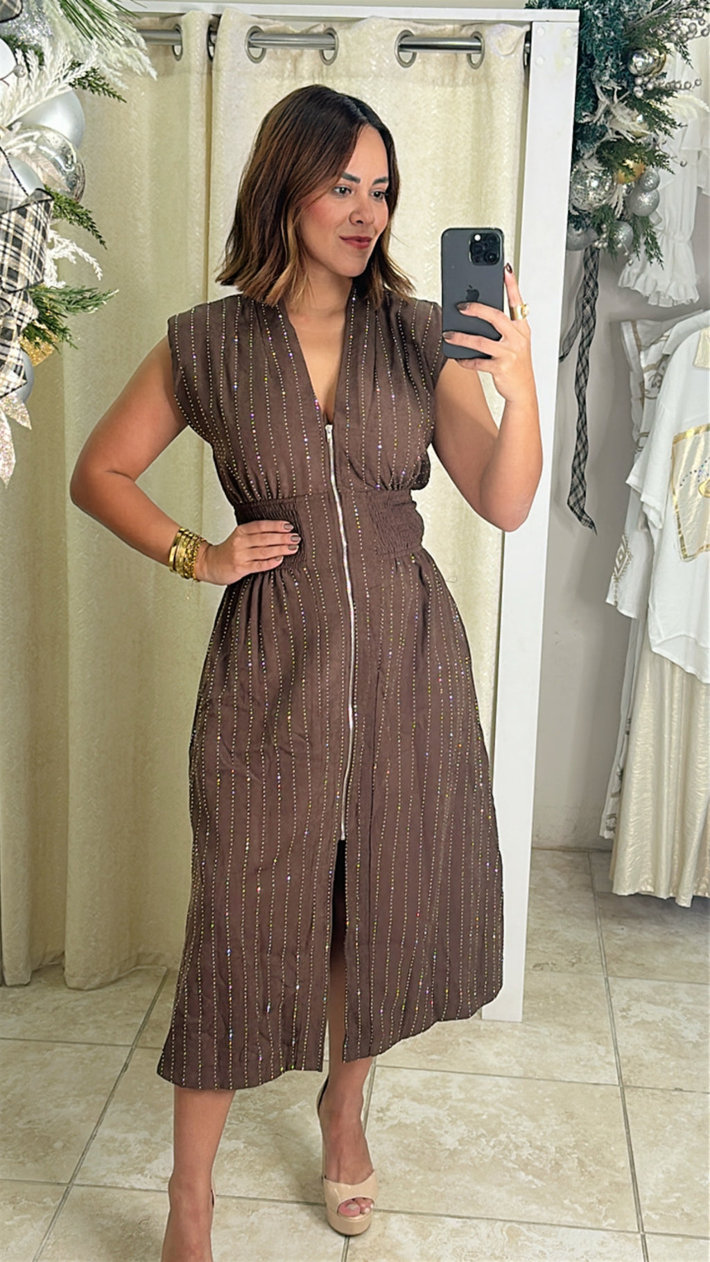 V neck Shoulder Padded Front Zip Midi Dress