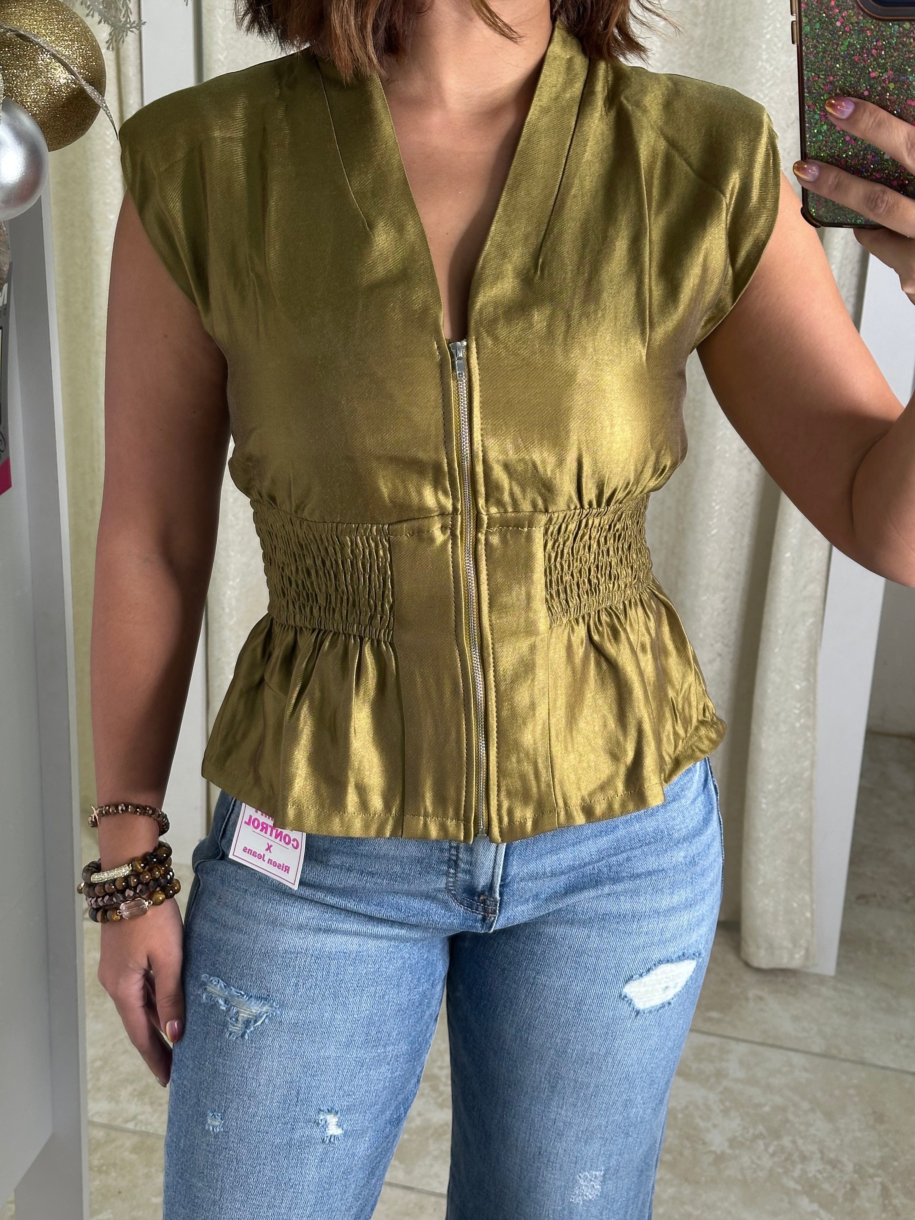 Shoulder Padded Front Zip Smocked Top