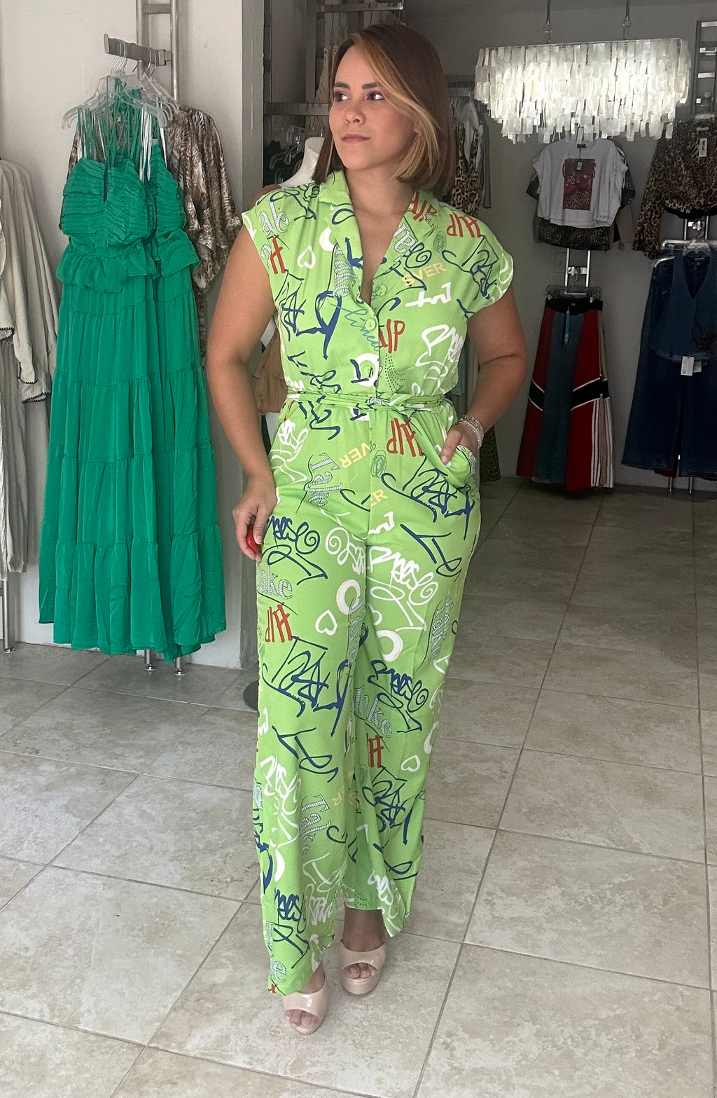 Green Print Jumpsuit