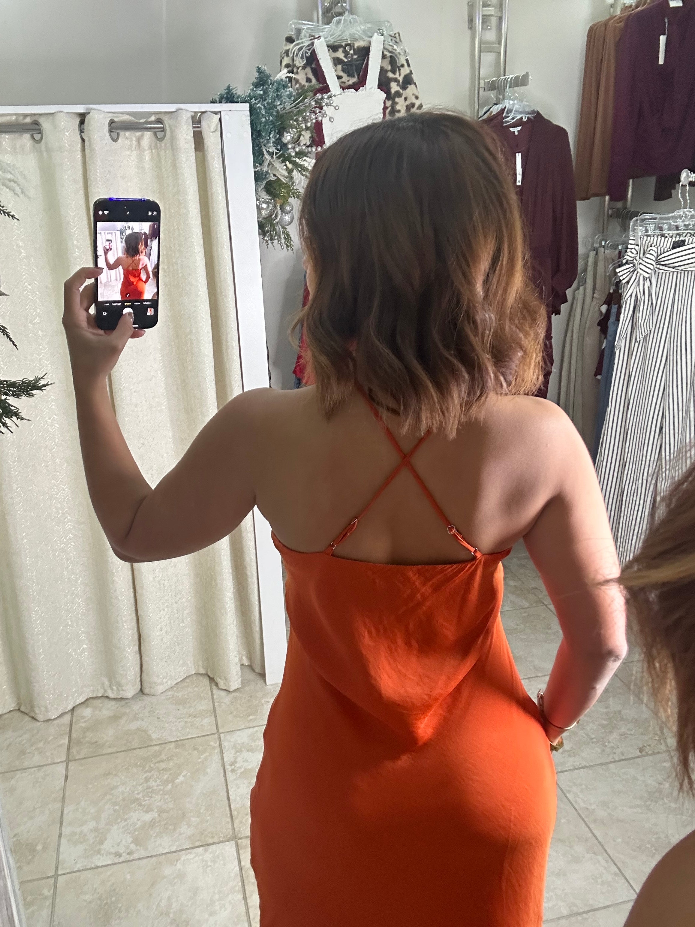 Pumkin Satin Halter Midi Dress